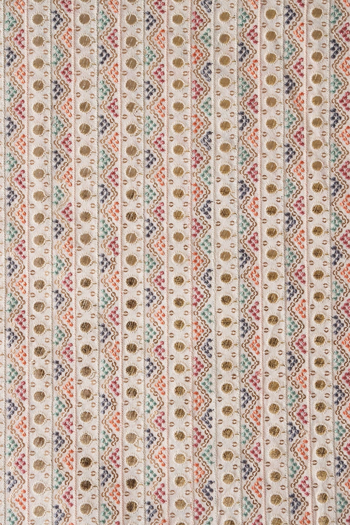 Multi Thread With Gold Matte Sequins Geometric Heavy Embroidery On Off White Raw Silk Fabric - doeraa