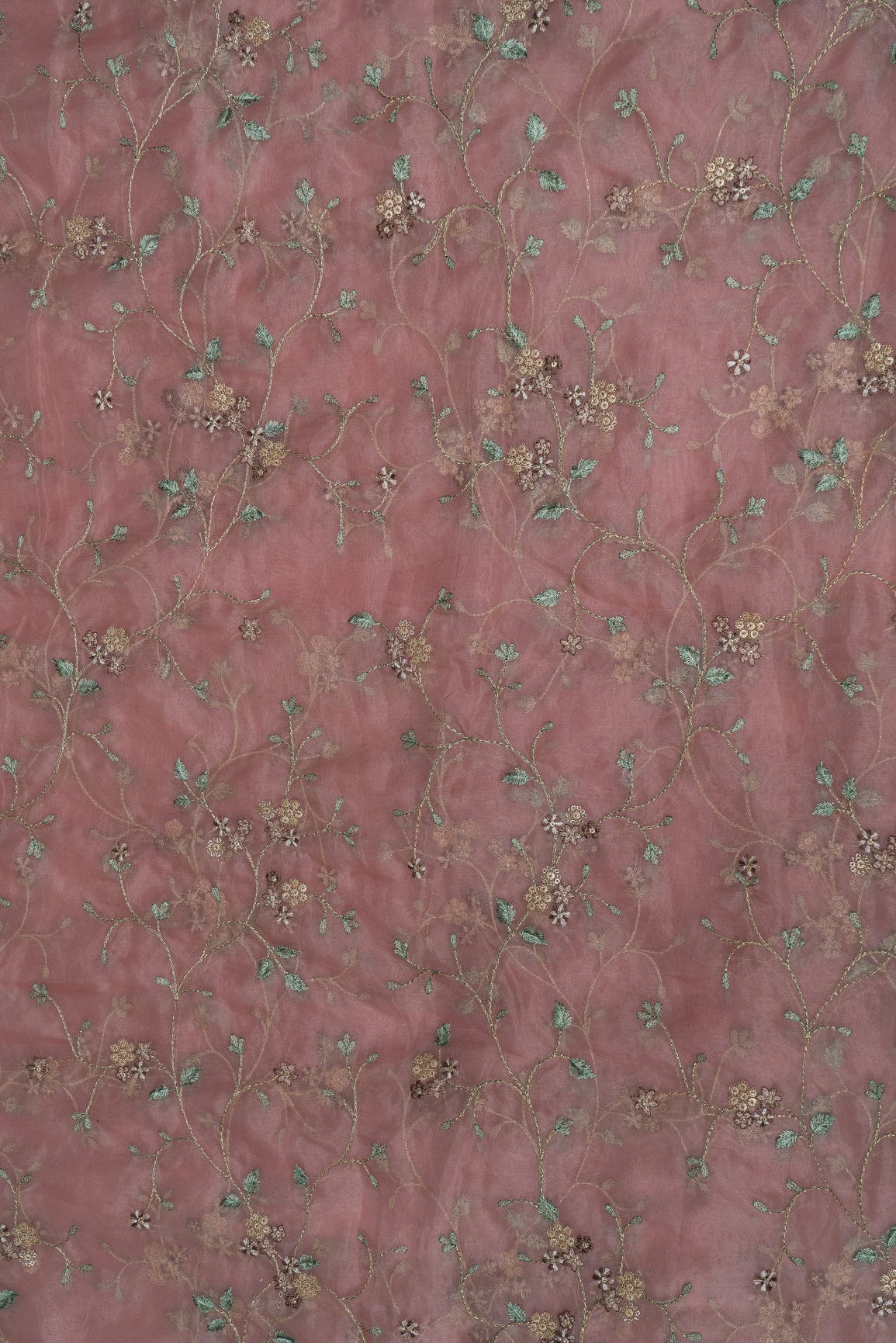 doeraa Multi Thread with Gold Sequins Embroidery On Salmon Pink Organza Fabric
