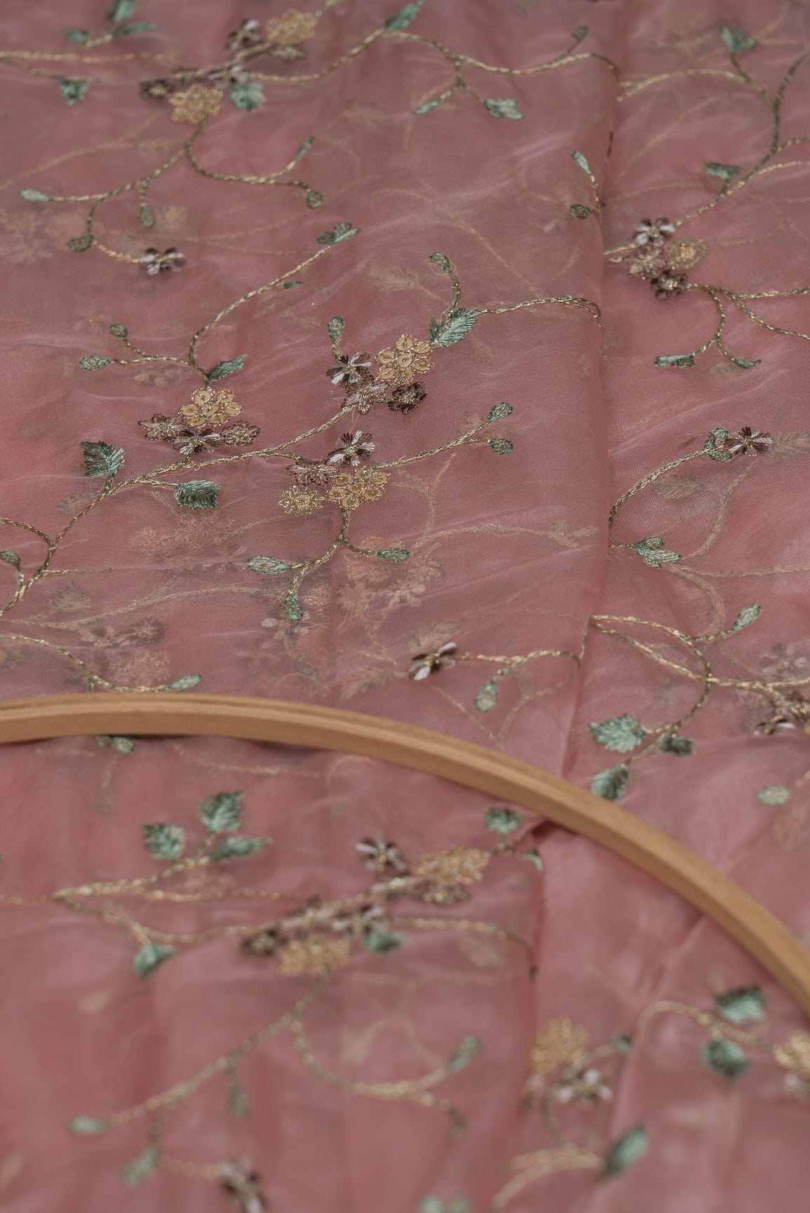 doeraa Multi Thread with Gold Sequins Embroidery On Salmon Pink Organza Fabric