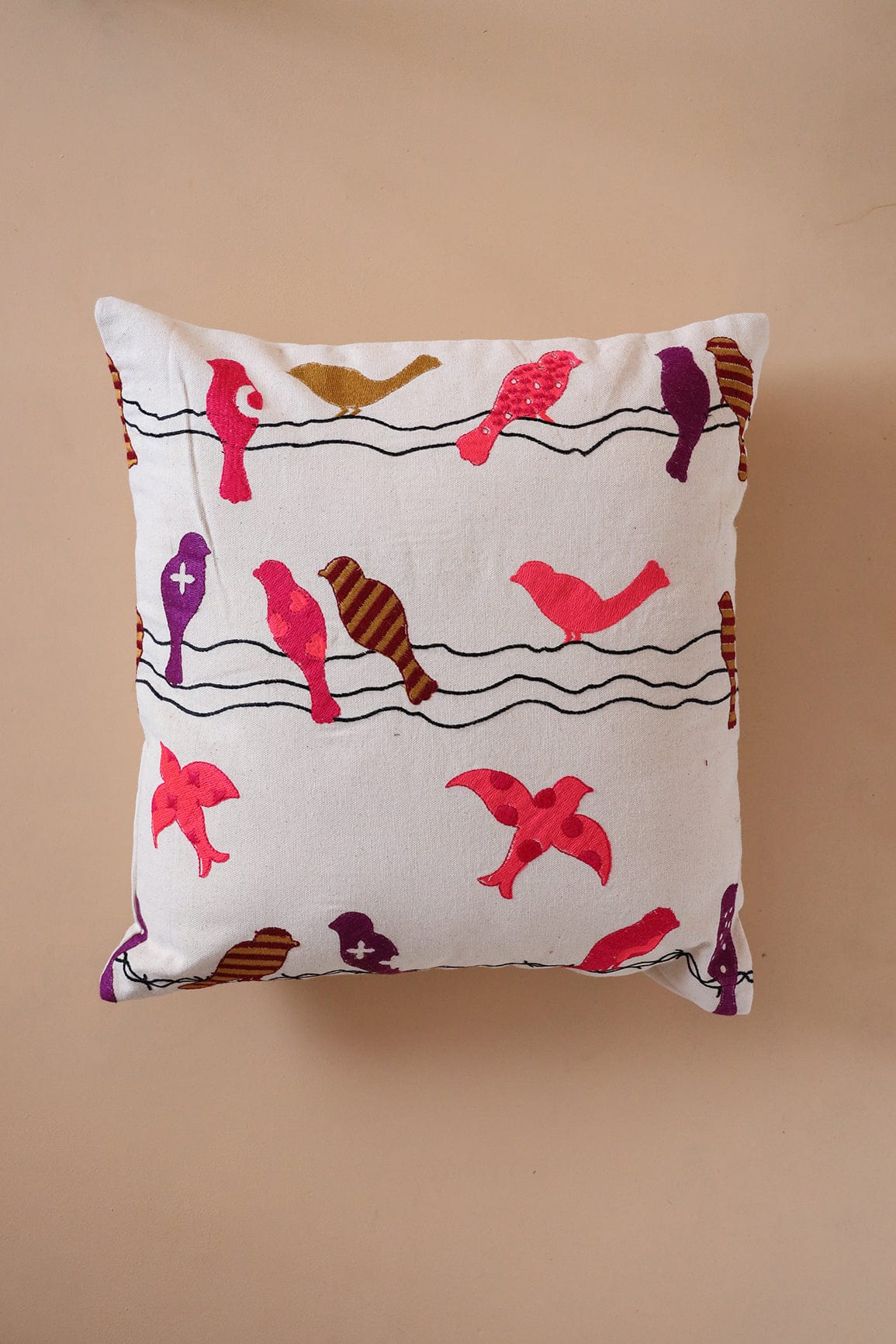 doeraa Natural Birds Embroidery on off white cotton Cushion Cover (16*16 inches)