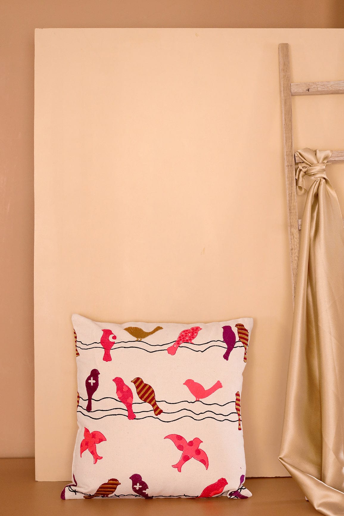 doeraa Natural Birds Embroidery on off white cotton Cushion Cover (16*16 inches)