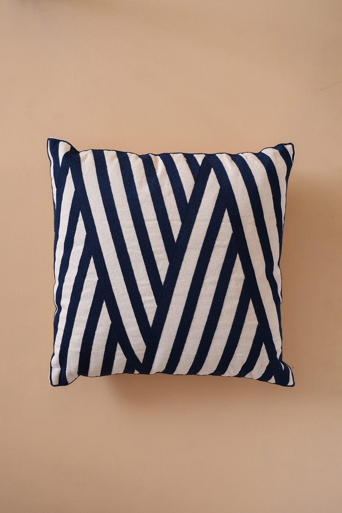 doeraa Navy Blue Stripped Embroidery on off white cotton Cushion Cover (16*16 inches)