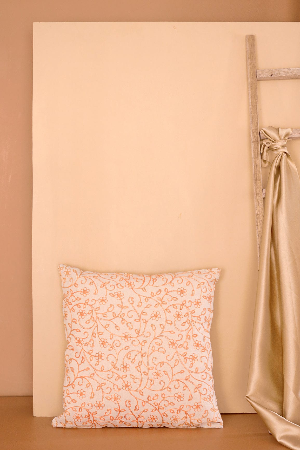 doeraa Peach Colour Floral Embroidery on Off White cotton Cushion Cover (16*16 inches)