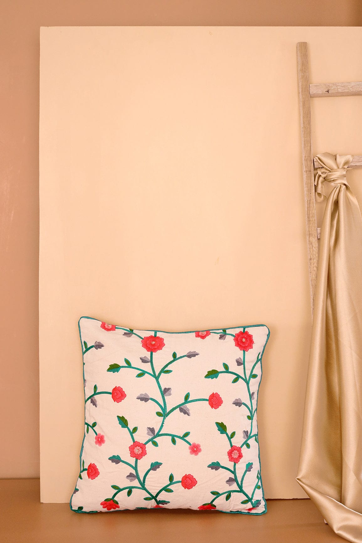 doeraa Pink and Green Floral Embroidery on Off White cotton Cushion Cover (16*16 inches)