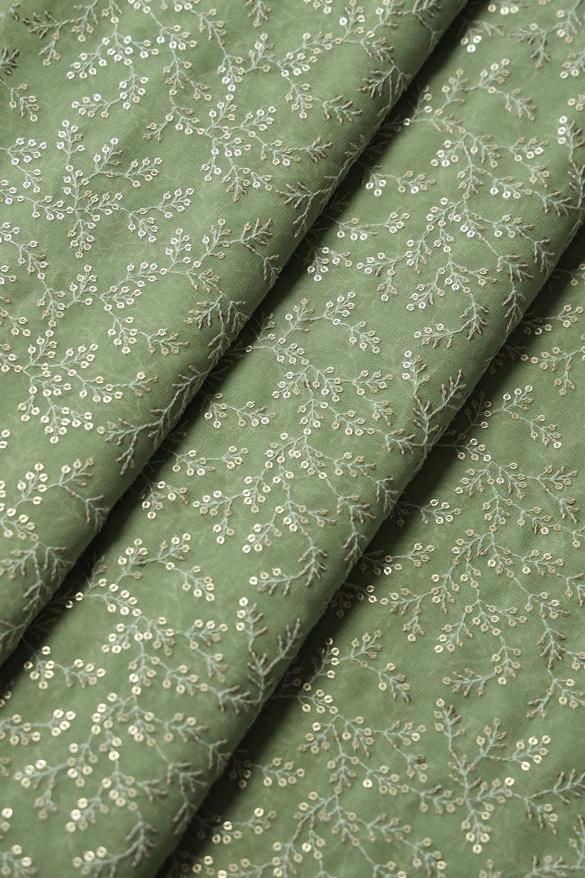 doeraa Plain Fabrics White Thread With Gold Sequins Leafy Embroidery Work On Olive Viscose Georgette Fabric