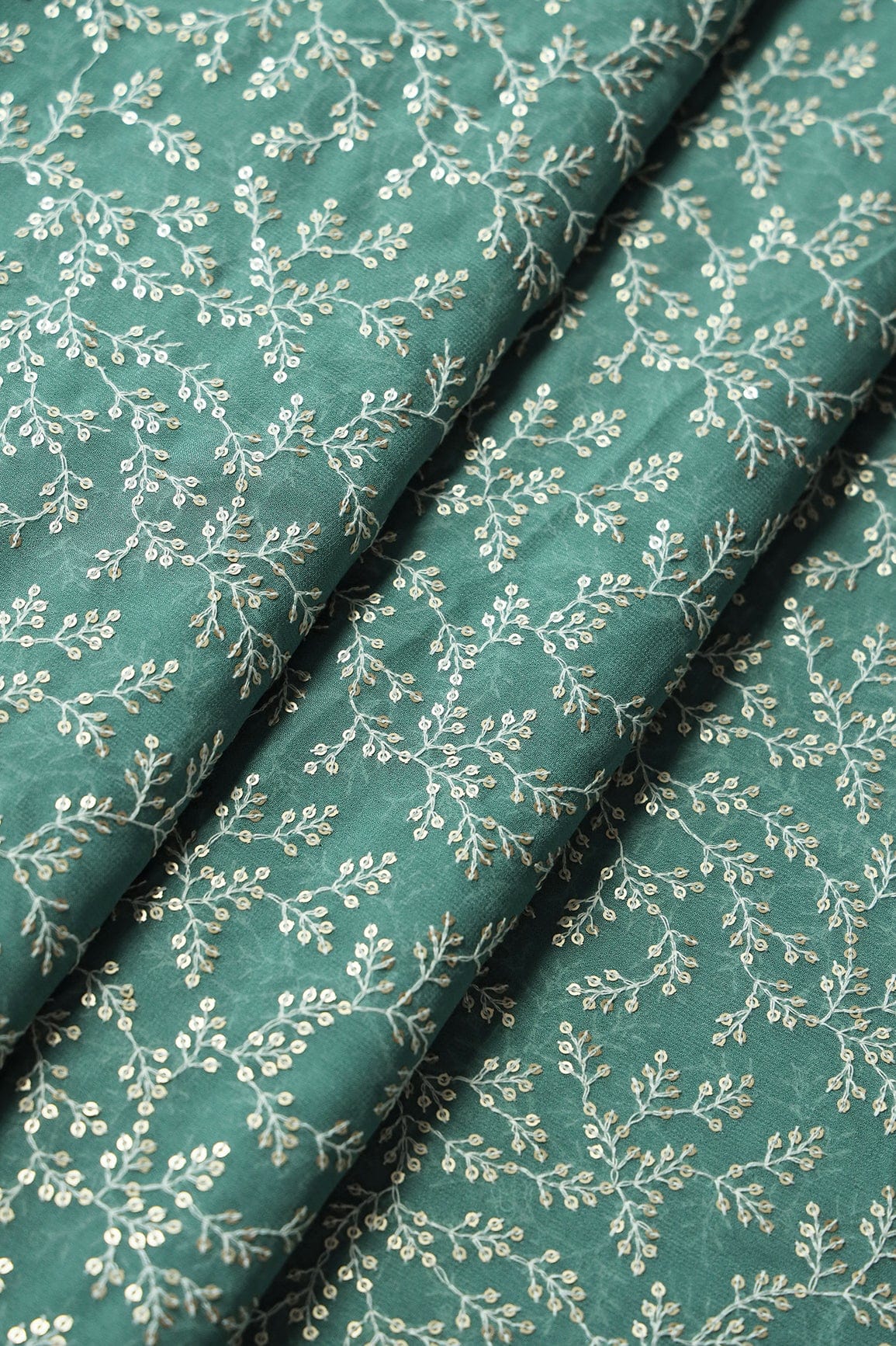 doeraa Plain Fabrics White Thread With Gold Sequins Leafy Embroidery Work On Teal Viscose Georgette Fabric