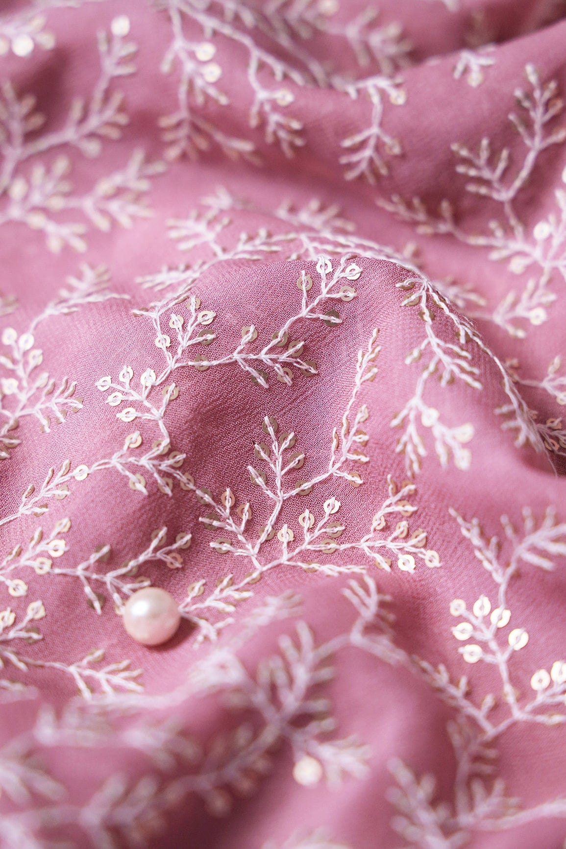 doeraa Plain Fabrics White Thread With Gold Sequins Leafy Embroidery Work On Thulian Pink Viscose Georgette Fabric