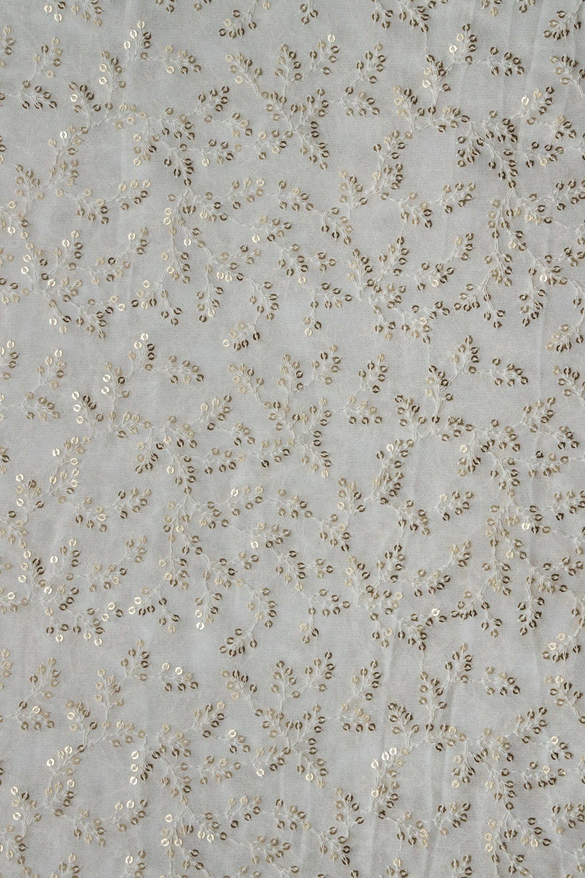 doeraa Plain Fabrics White Thread With Gold Sequins Leafy Embroidery Work On White Dyeable Viscose Georgette Fabric