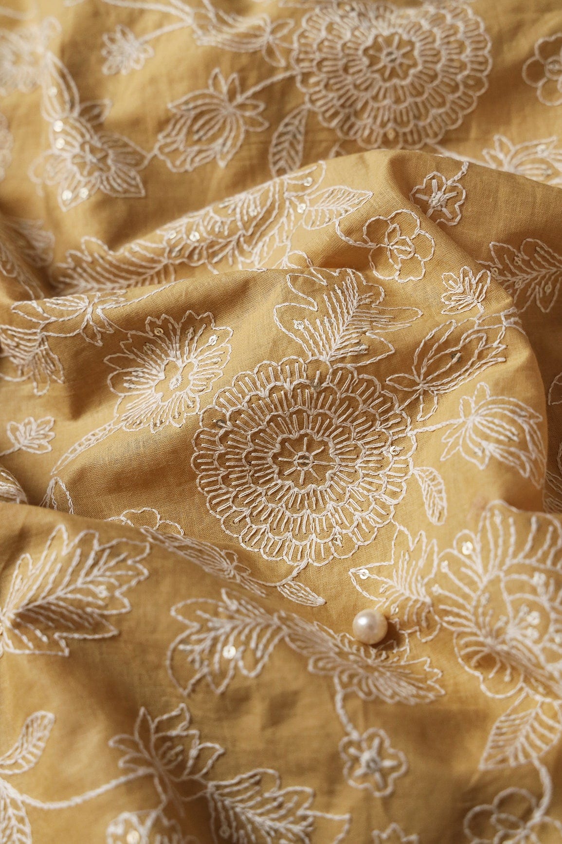 doeraa Prints 4.75 Meter Cut Piece Of White Thread With Gold Sequins Floral Embroidery On Beige Cotton Fabric