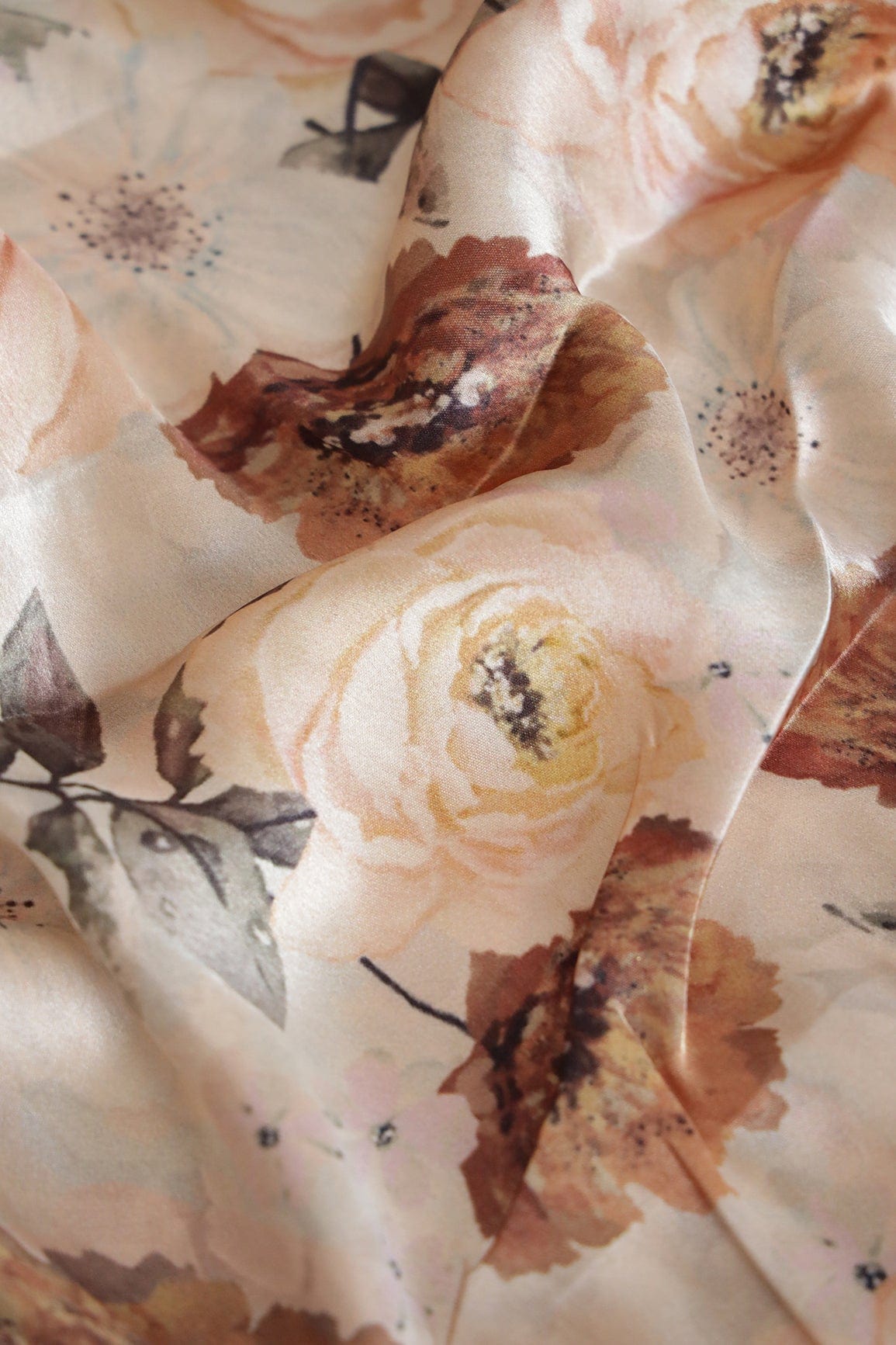 doeraa Prints Beautiful Brown Floral Pattern Digital Print On Cream Satin Fabric