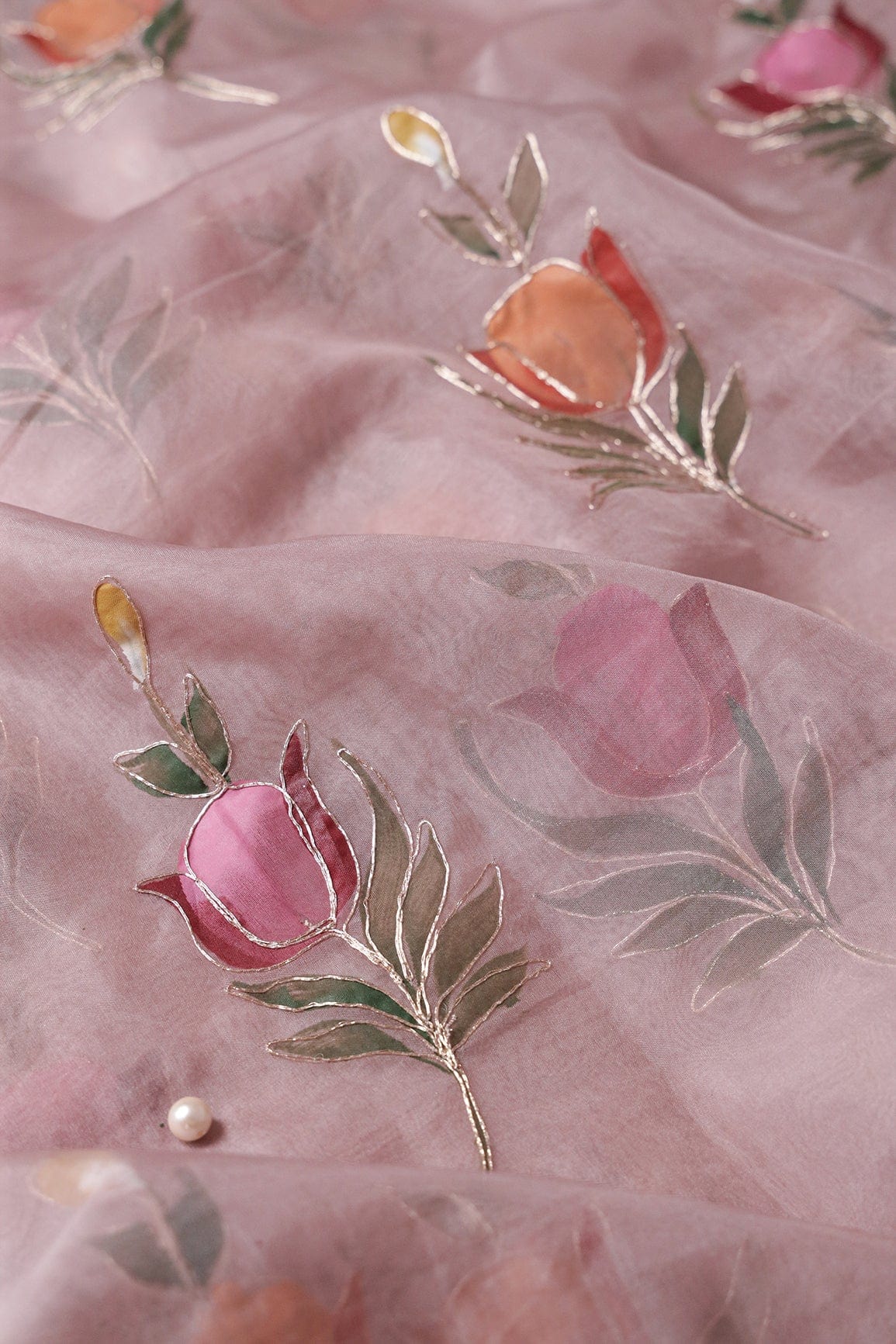 doeraa Prints Beautiful Floral Hand Painted With Embroidery Work On Mauve Organza Fabric