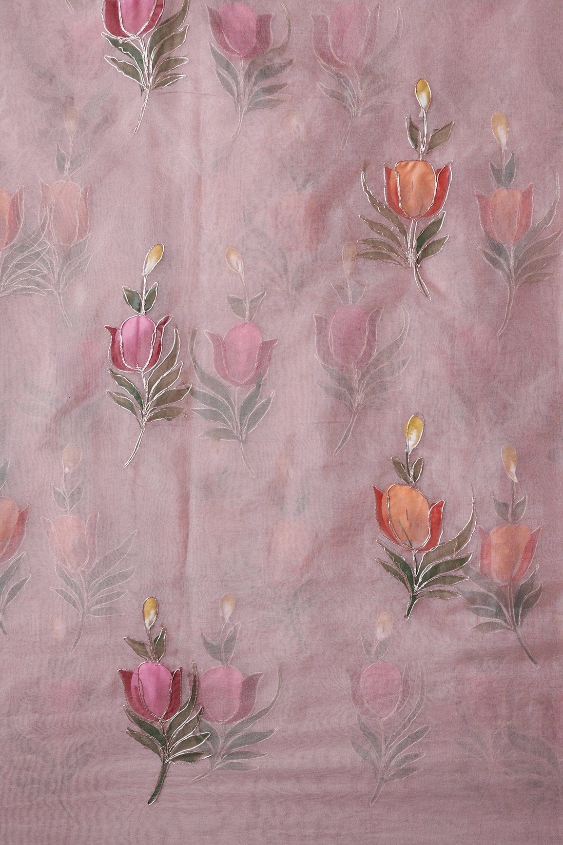 doeraa Prints Beautiful Floral Hand Painted With Embroidery Work On Mauve Organza Fabric