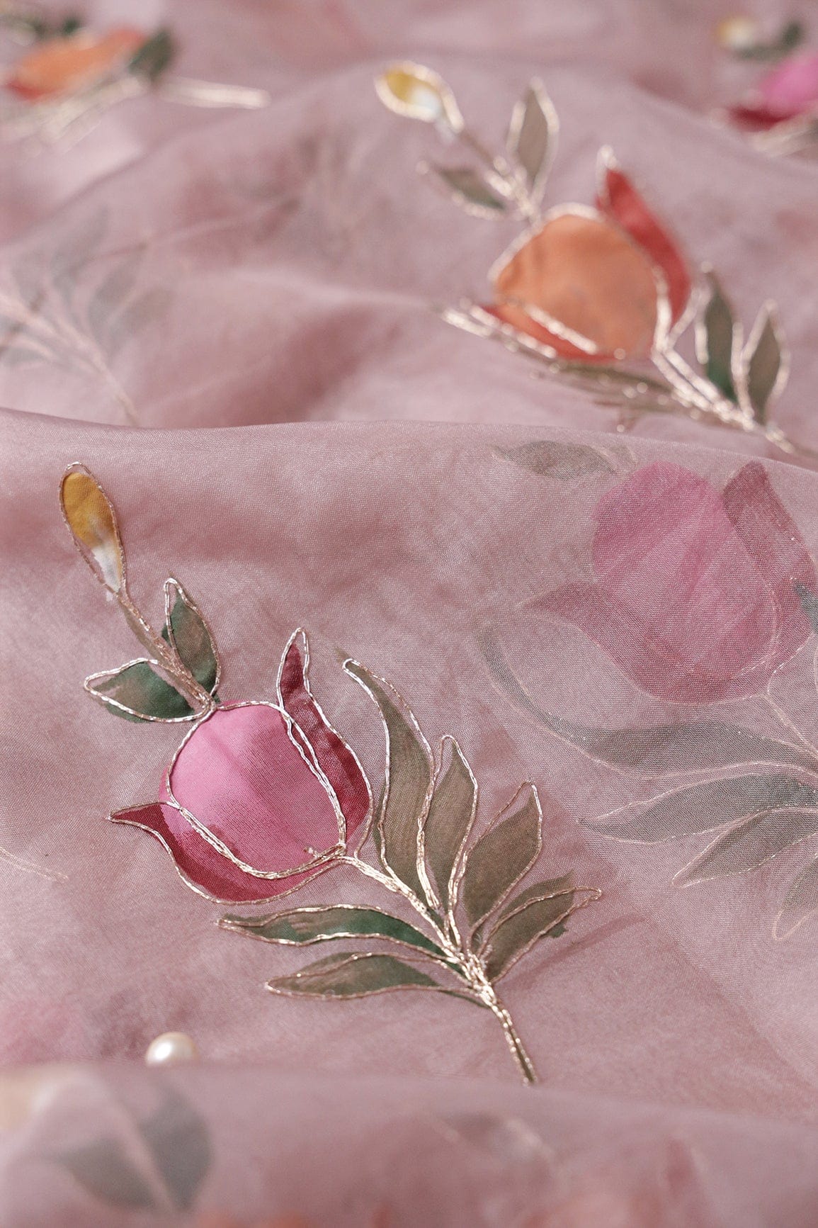 doeraa Prints Beautiful Floral Hand Painted With Embroidery Work On Mauve Organza Fabric