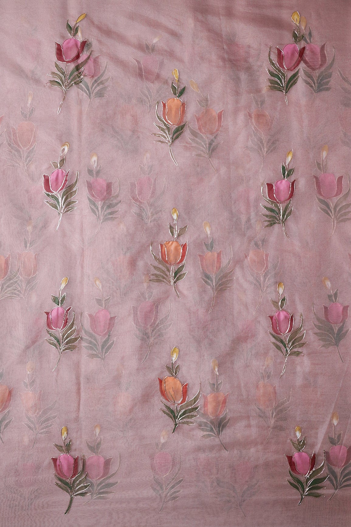 doeraa Prints Beautiful Floral Hand Painted With Embroidery Work On Mauve Organza Fabric