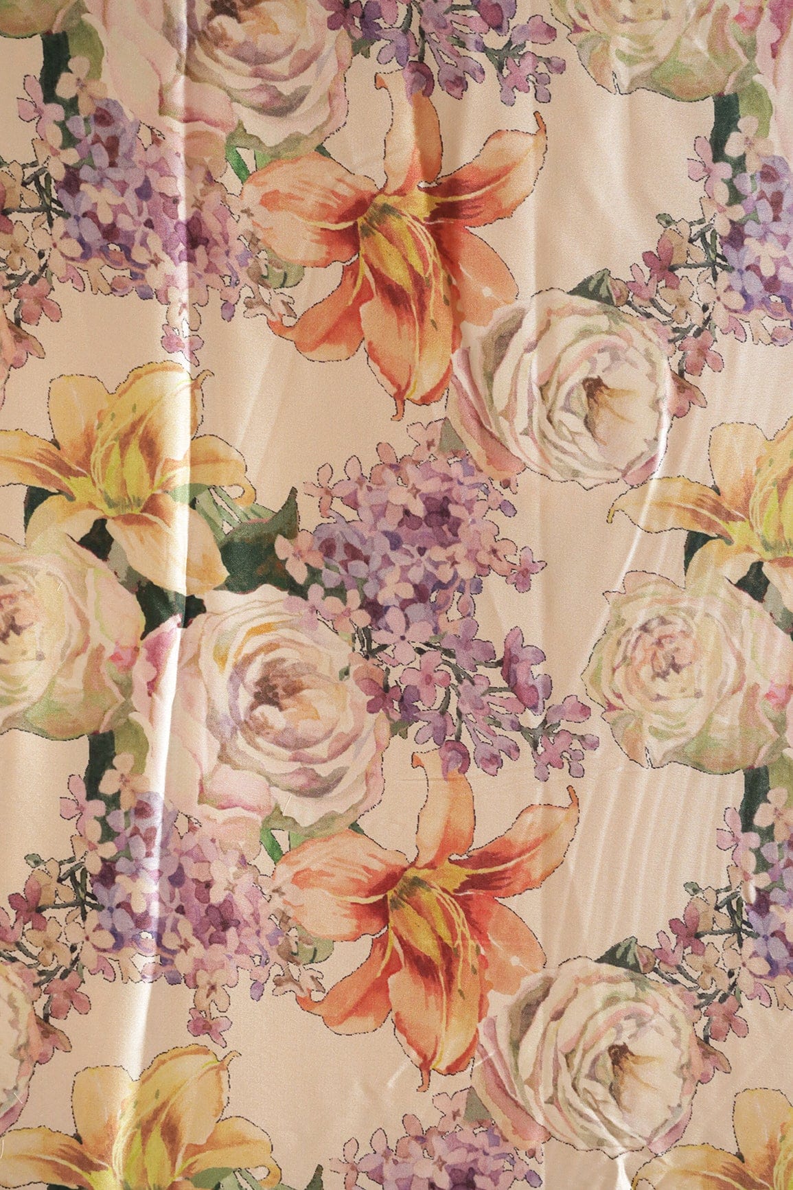 doeraa Prints Beautiful Multi Color Floral Pattern Digital Print On Cream Satin Fabric