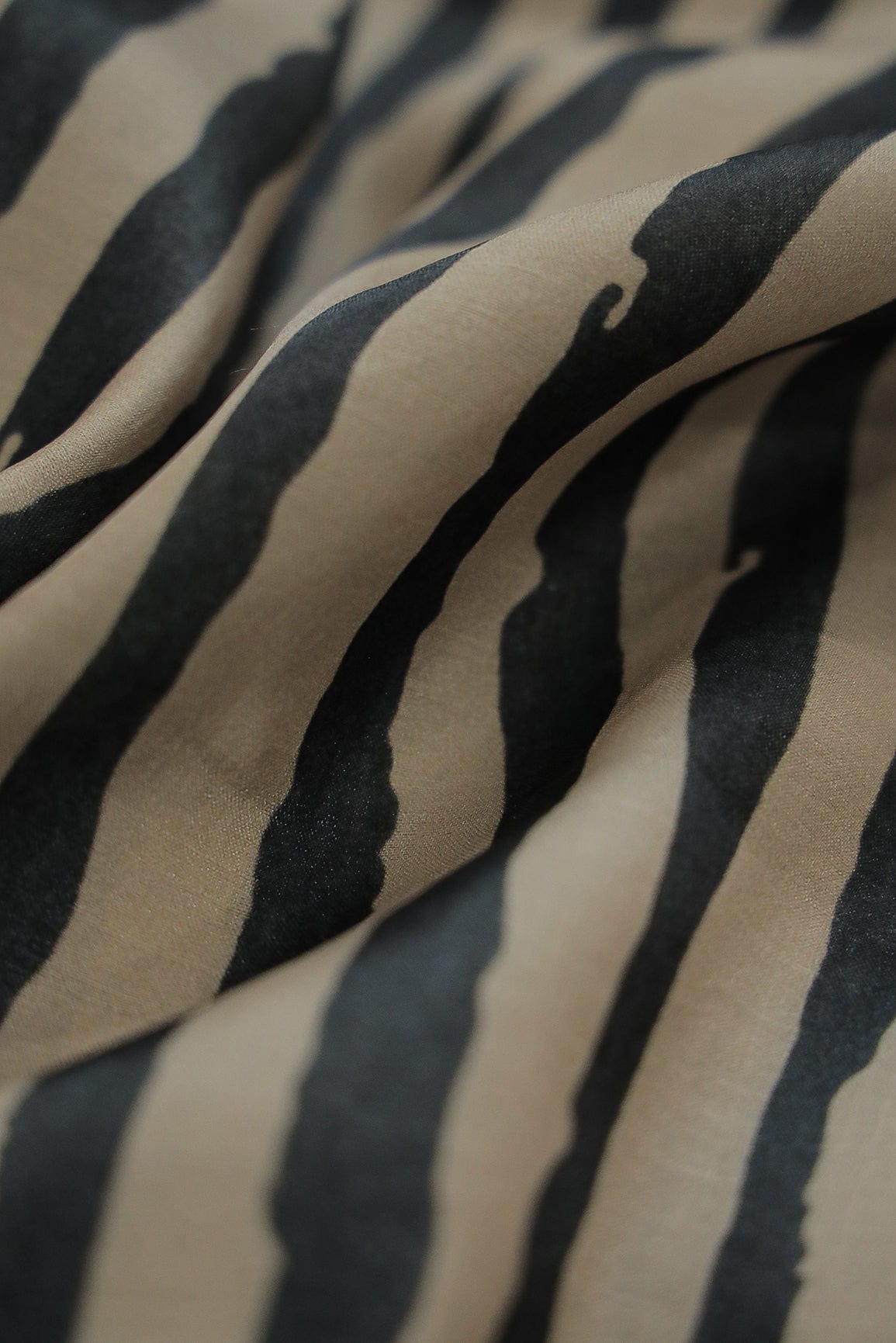 doeraa Prints Beige and Black Stripes Digital Print on Tussar Satin Fabric
