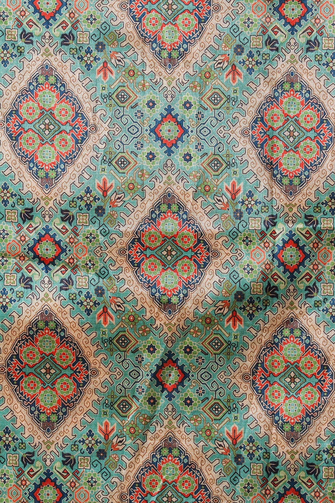 doeraa Prints Beige And Blue Color Traditional Pattern Digital Print On Green Mulberry Silk Fabric