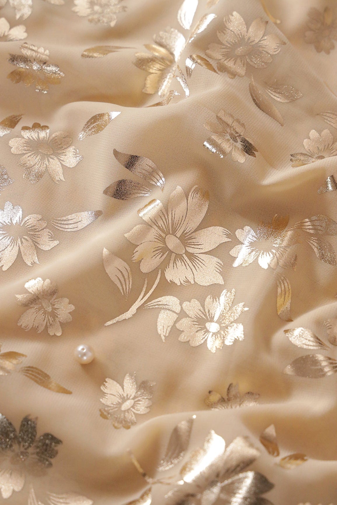 doeraa Prints Big Width "56" Beautiful Floral Gold Foil Print On Beige Georgette Fabric