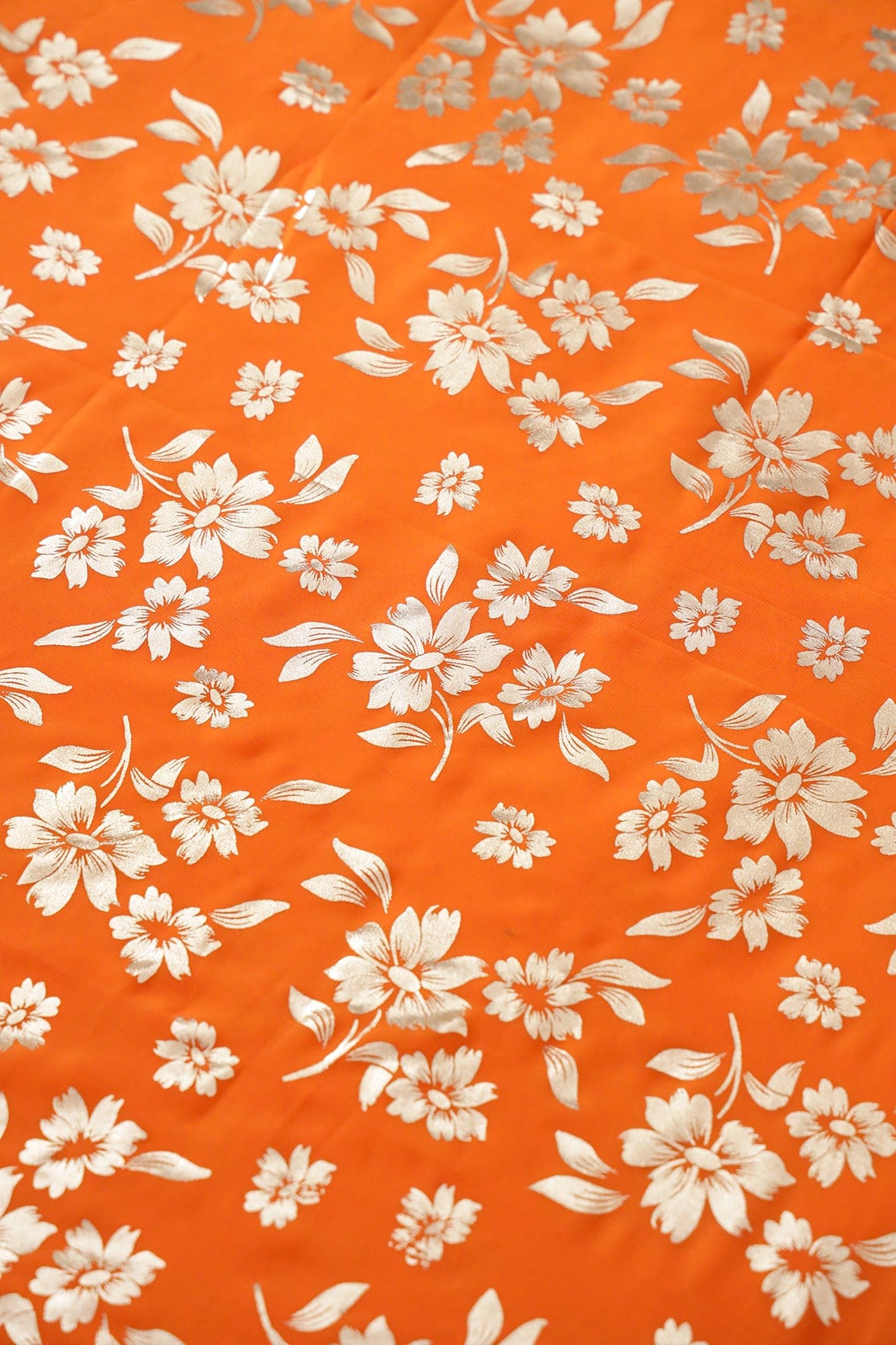 doeraa Prints Big Width "56" Beautiful Floral Gold Foil Print On Orange Georgette Fabric