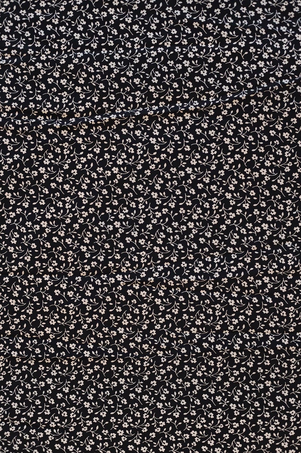 doeraa Prints Big Width "56" White Small Floral Digital Print On Black Crepe Satin Fabric
