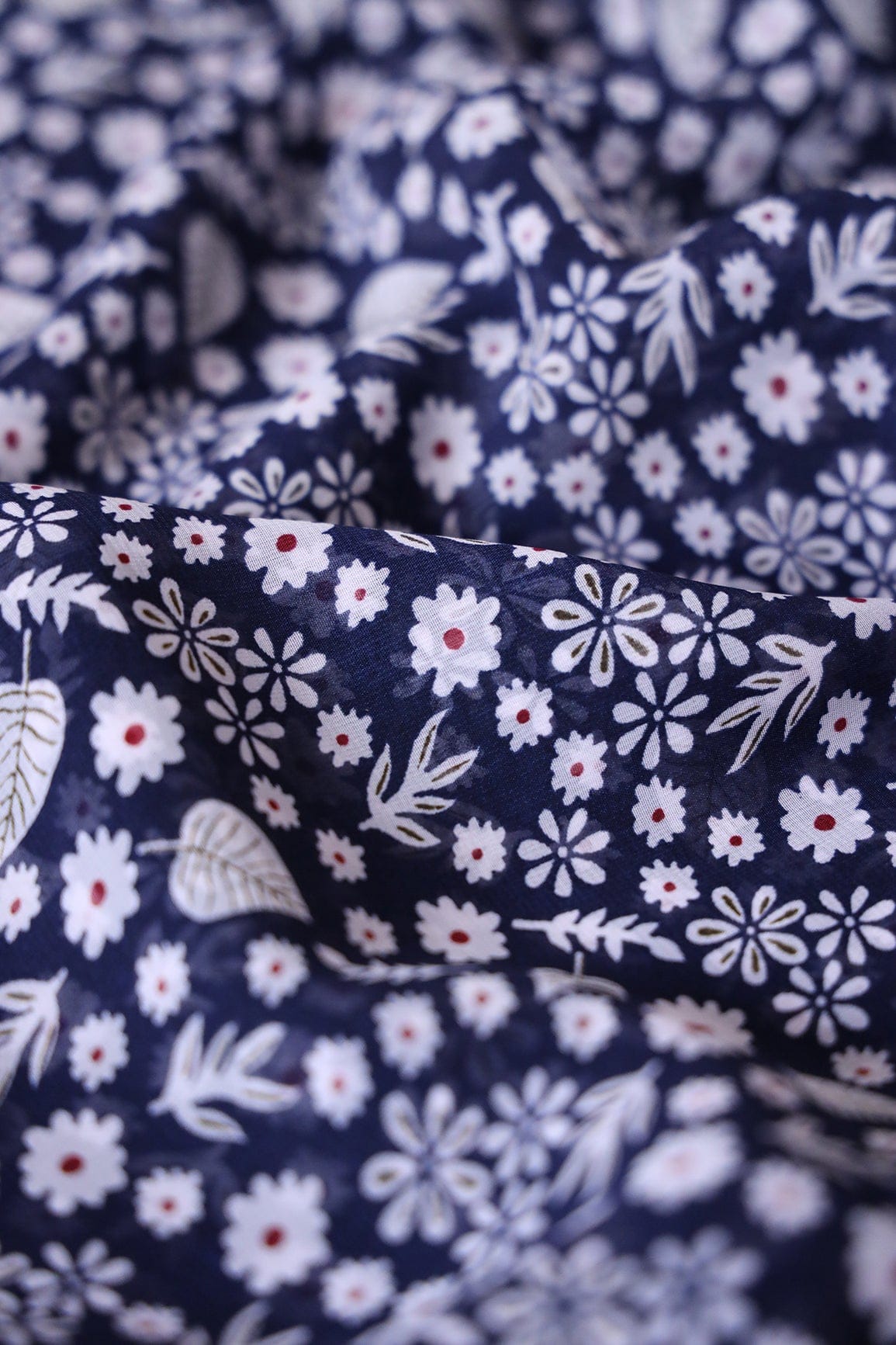 doeraa Prints Big Width "56" White Small Floral Digital Print On Navy Blue Georgette Fabric
