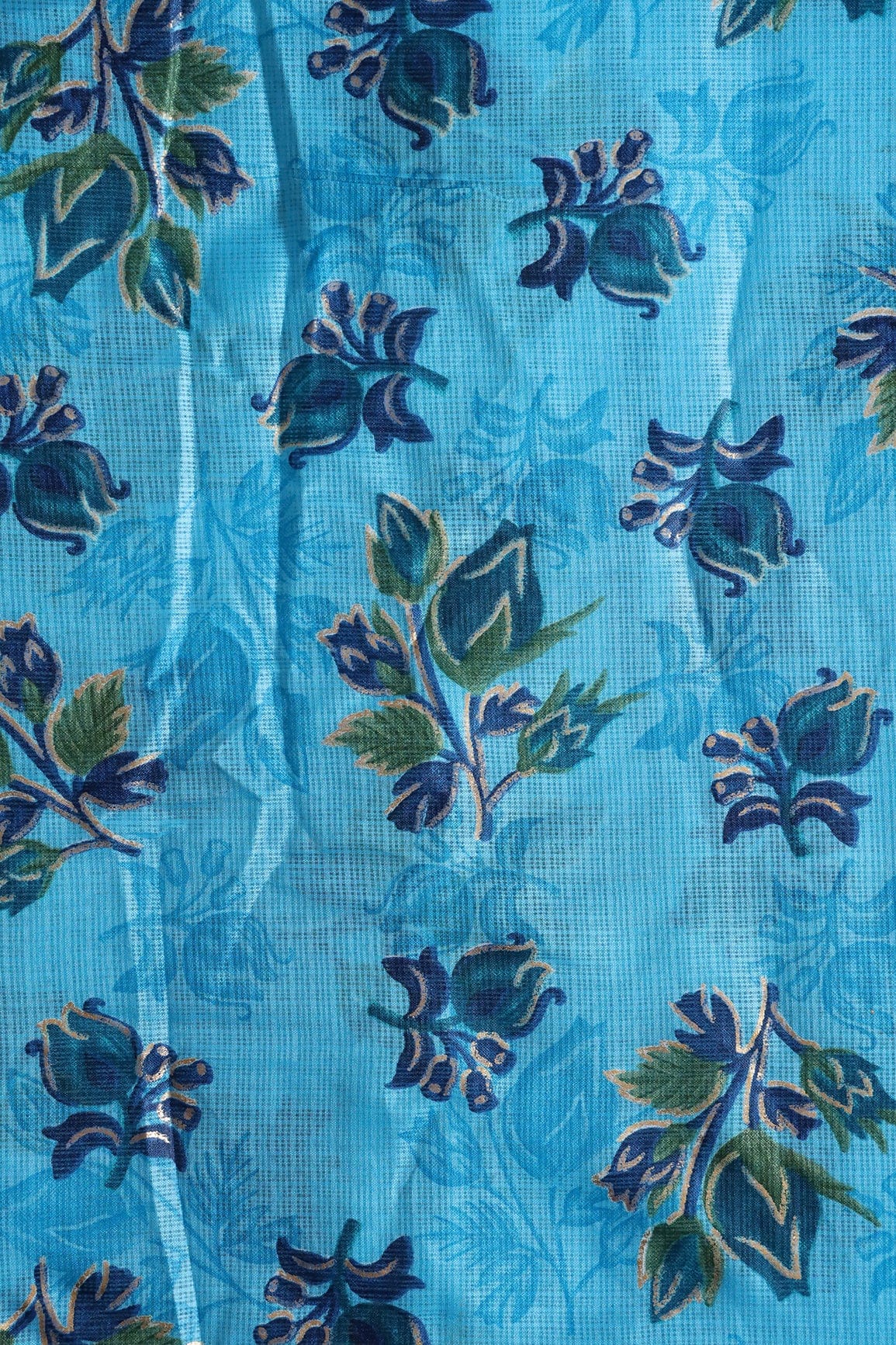doeraa Prints Blue And Green Floral Pattern Foil Print On Sky Blue Kota Doria Fabric