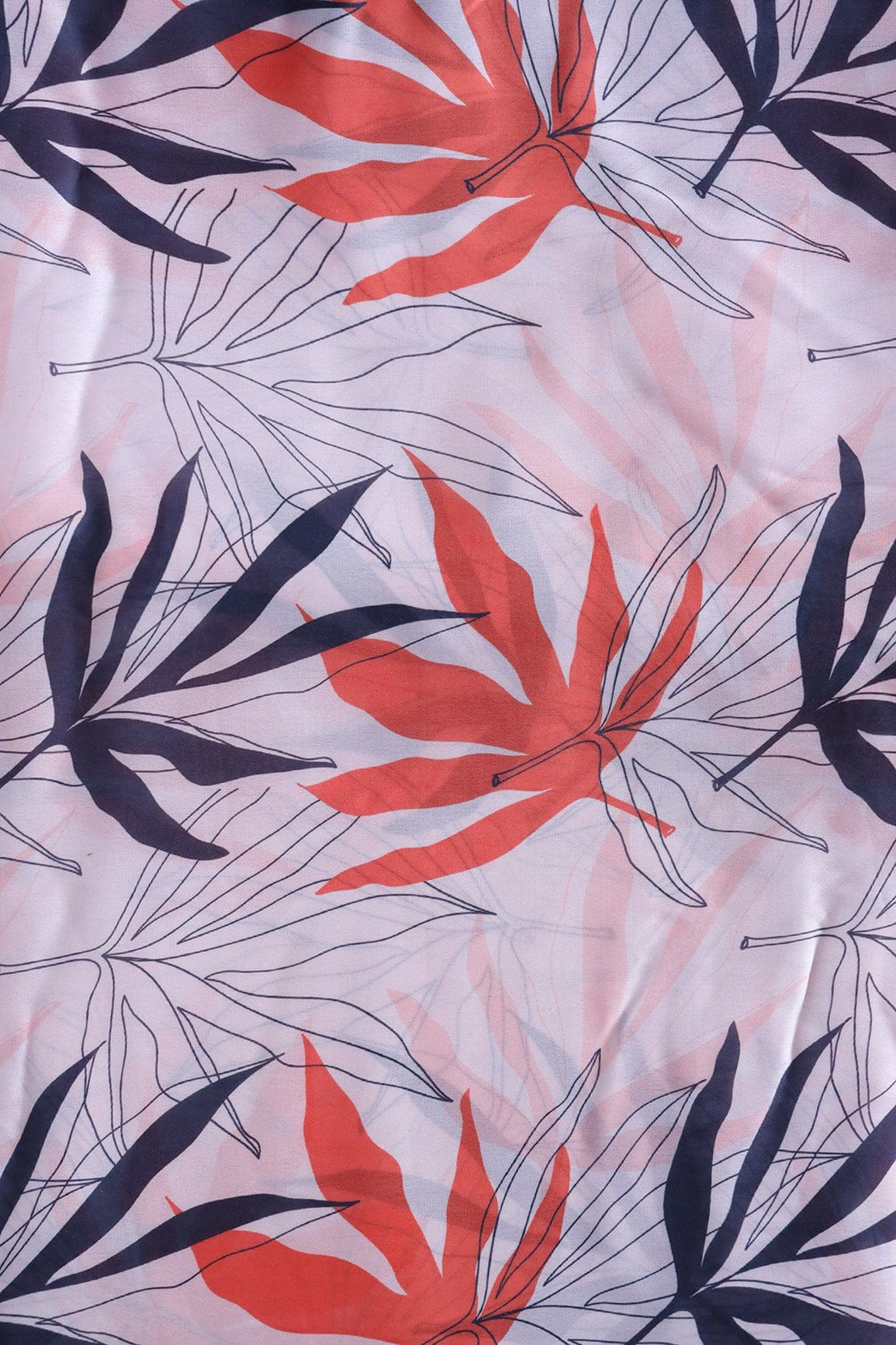 doeraa Prints Blue And Peach Leafy Pattern Digital Print On White Georgette Satin Fabric