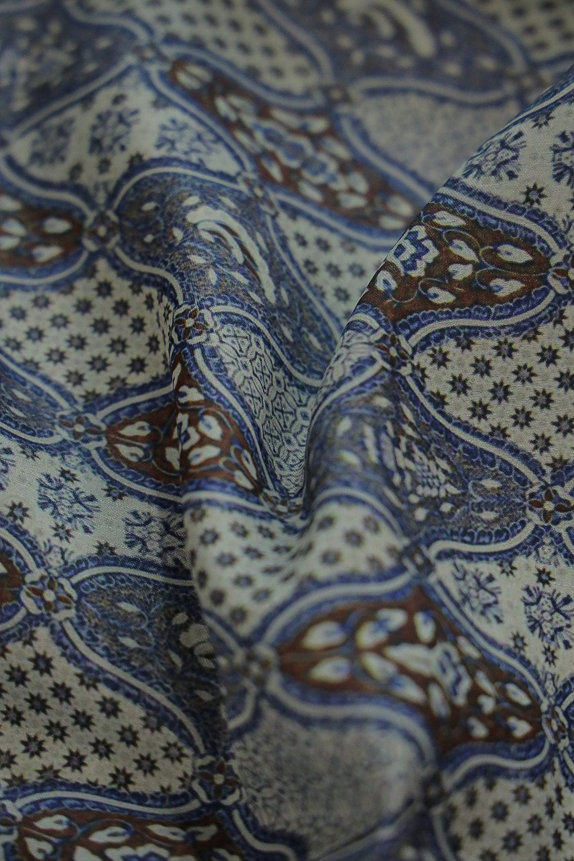 doeraa Prints Blue Cultural Digital Print on Tussar Satin Fabric