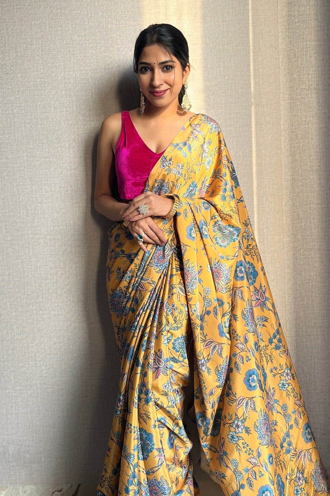 doeraa Prints Blue Floral Digital Print On Mustard Yellow Crepe Fabric