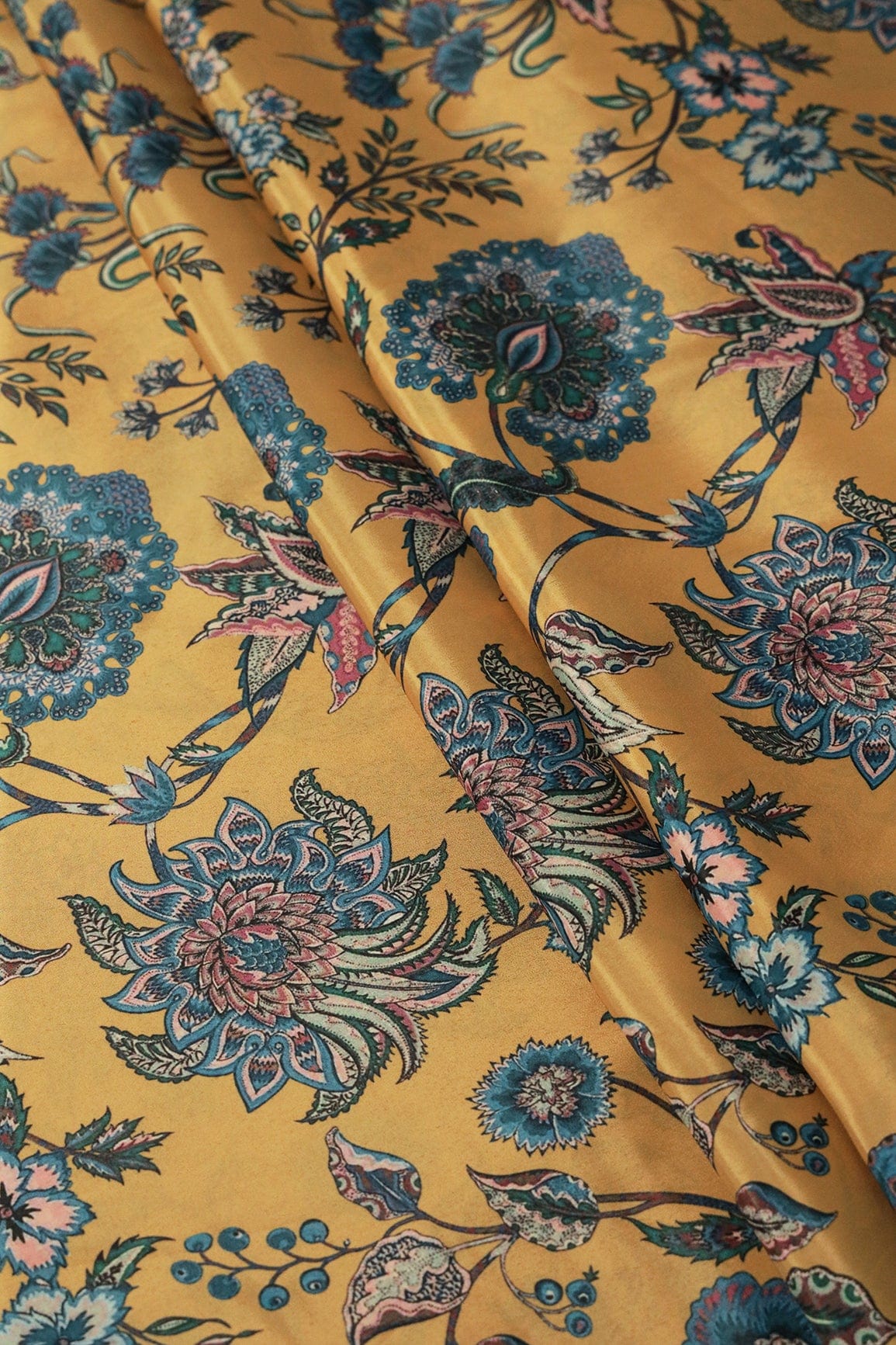 doeraa Prints Blue Floral Digital Print On Mustard Yellow Malai Crepe Fabric