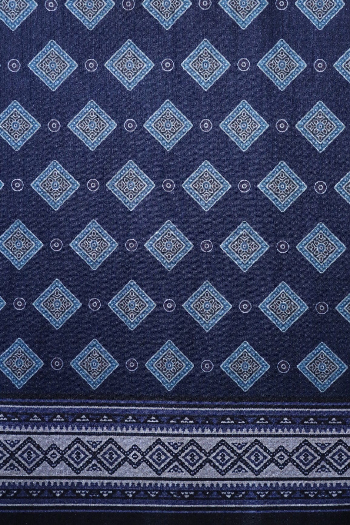 doeraa Prints Blue Geometric Pattern Digital Print On Mulberry Silk Fabric With Border