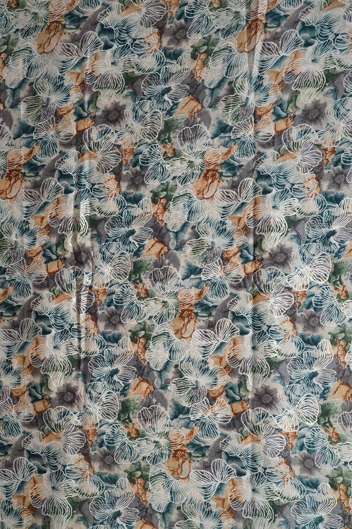 doeraa Prints Bottle Green And Beige Floral Foil Print On Pure Mul Cotton Fabric