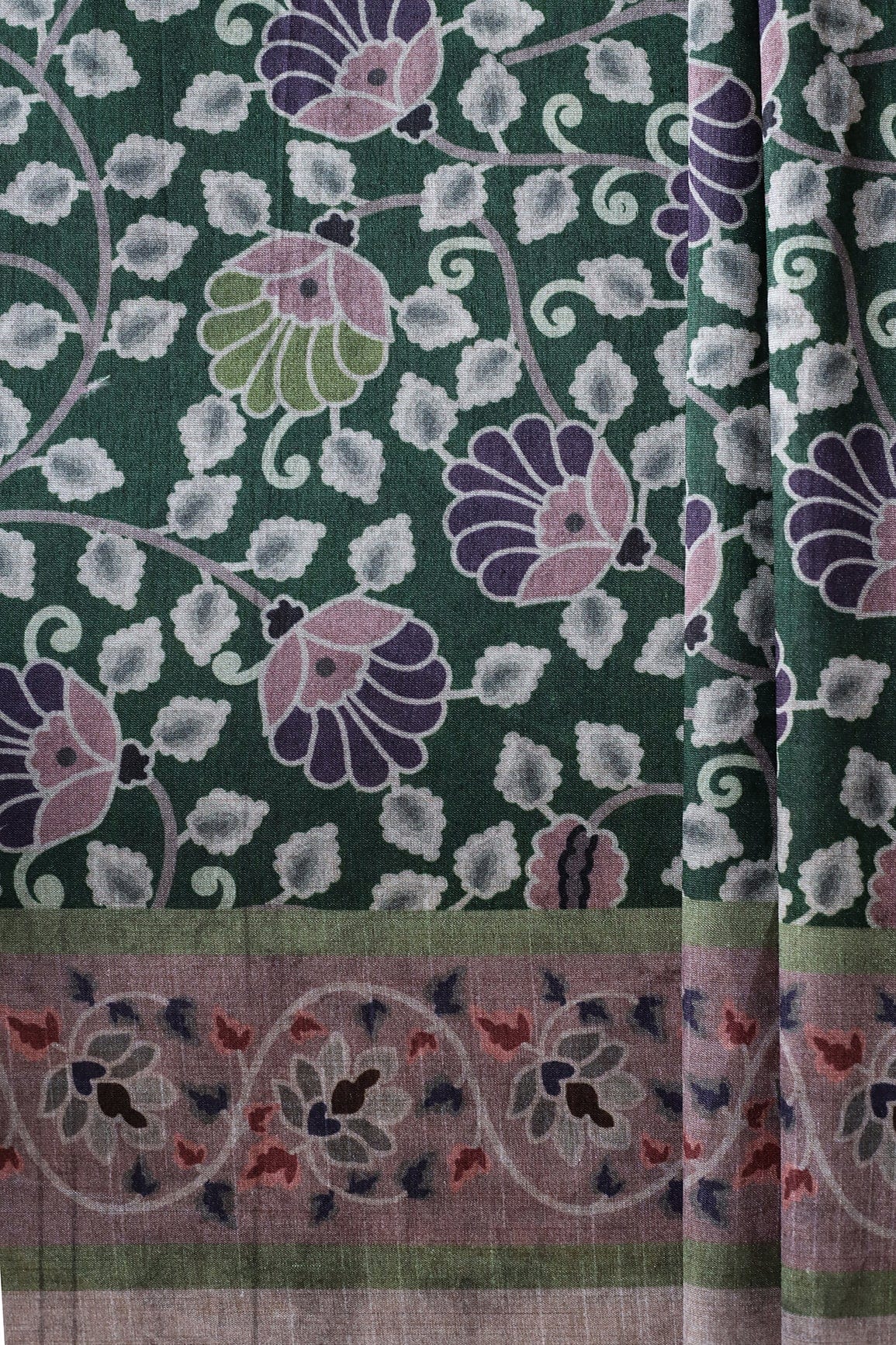 doeraa Prints Bottle Green Floral Pattern Digital Print On Mulberry Silk Fabric With Border