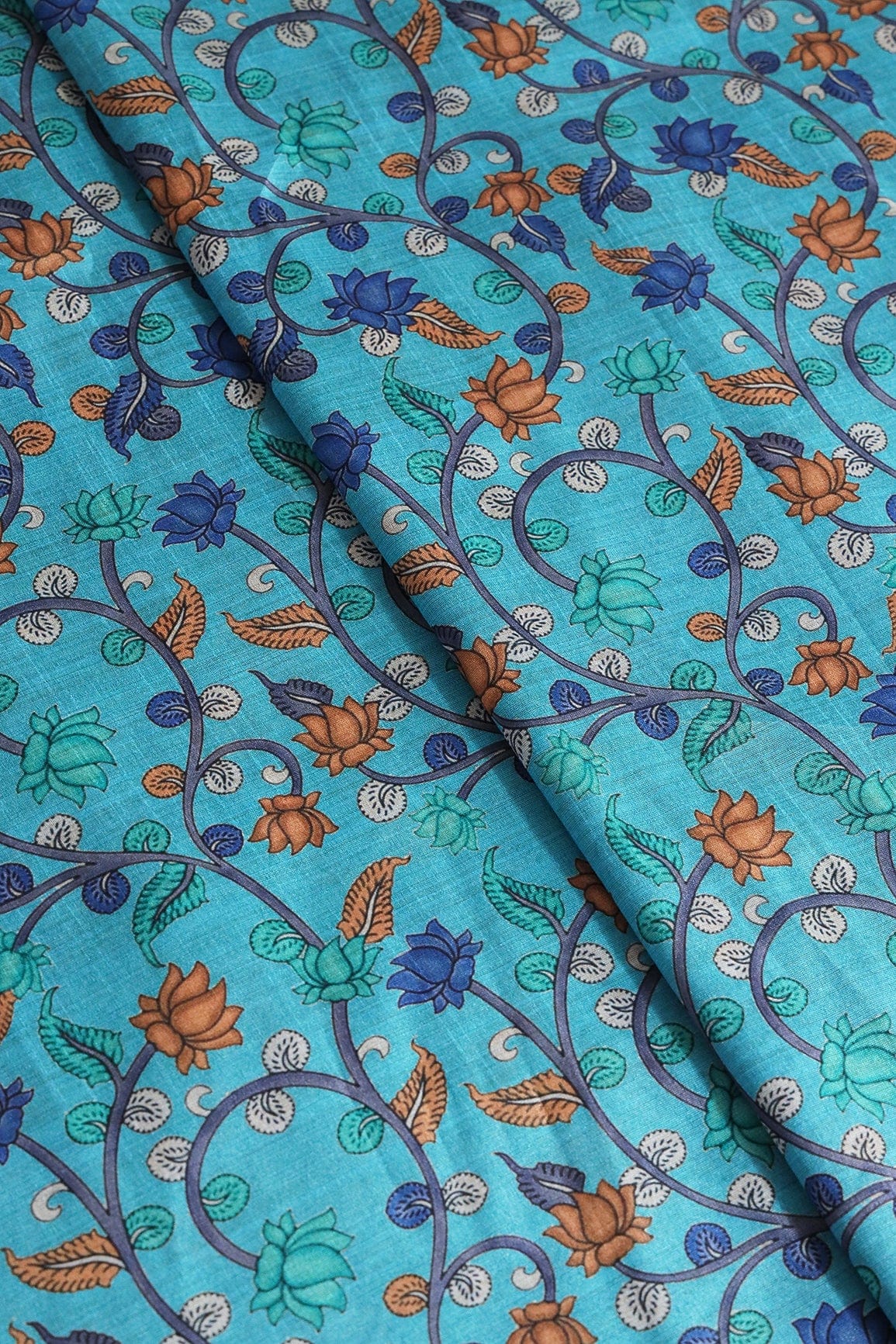 doeraa Prints Brown And Blue Color Floral Pattern Digital Print On Cerulean Blue Mulberry Silk Fabric