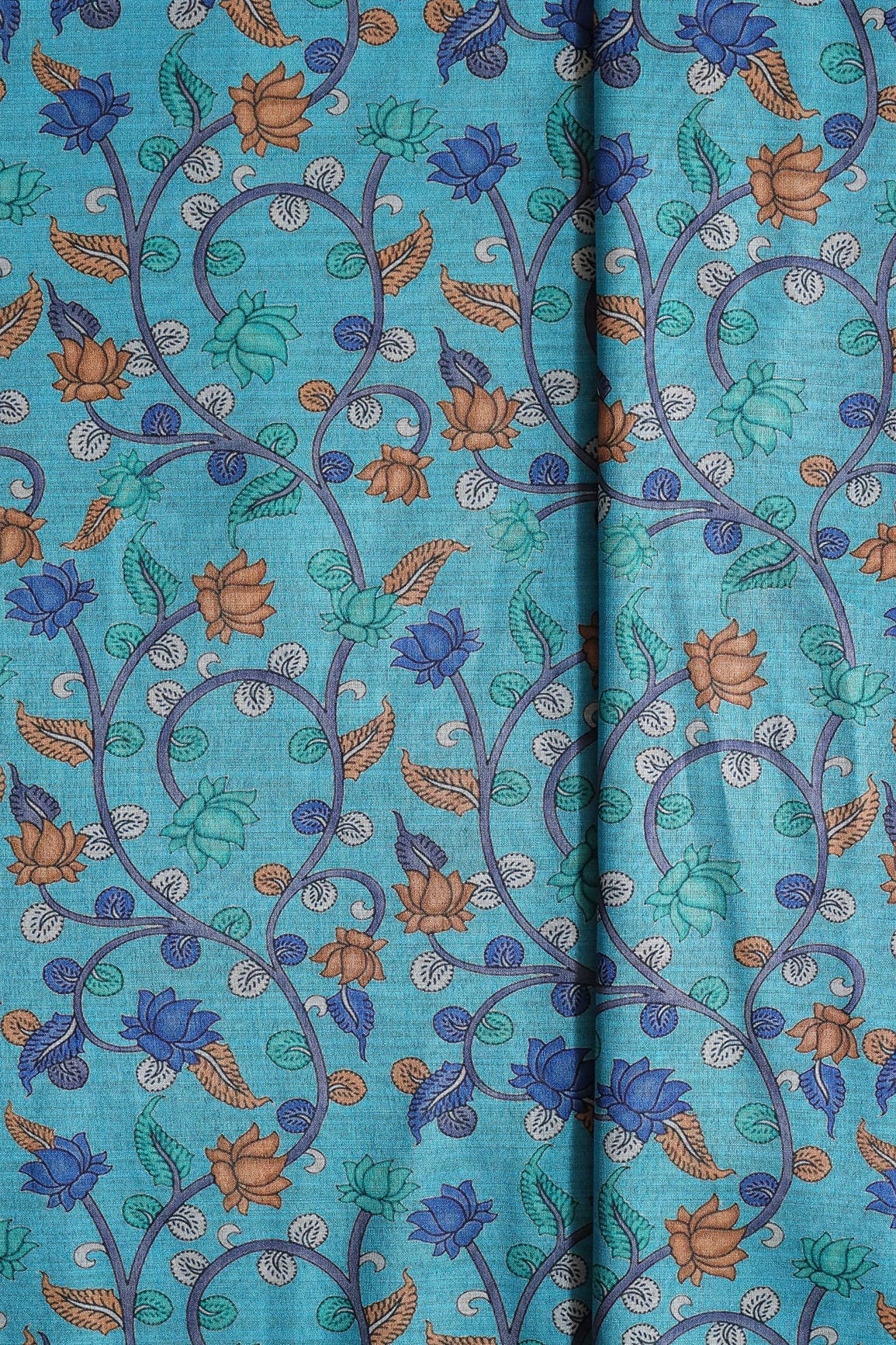doeraa Prints Brown And Blue Color Floral Pattern Digital Print On Cerulean Blue Mulberry Silk Fabric