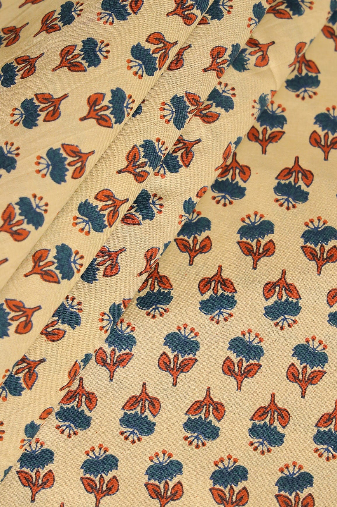 doeraa Prints Brown And Blue Small Floral Booti Pattern Screen Print organic Cotton Fabric