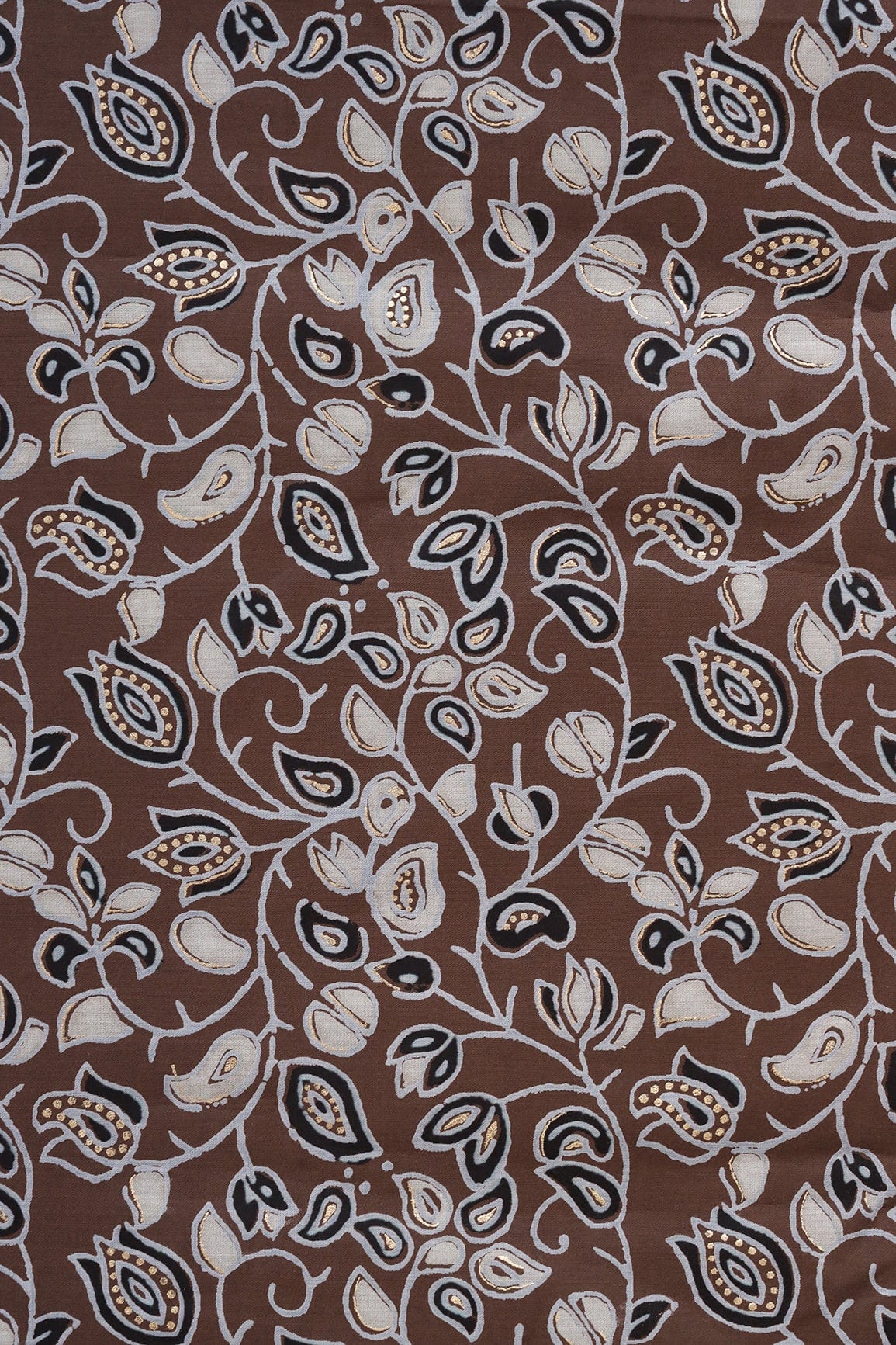 doeraa Prints Brown And Light Grey Floral Pattern Foil Screen Print On Chanderi Silk Fabric