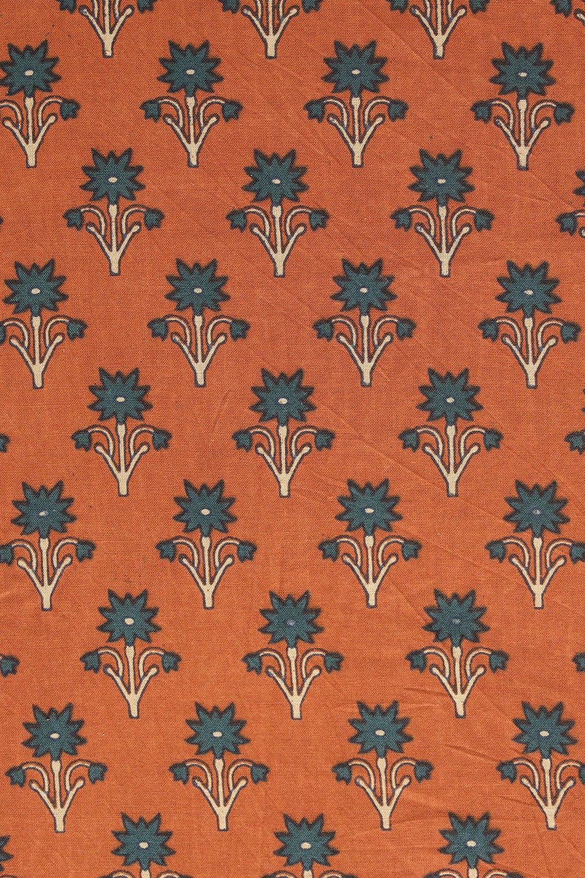 doeraa Prints Brown And Turquoise Small Floral Booti Pattern Screen Print organic Cotton Fabric