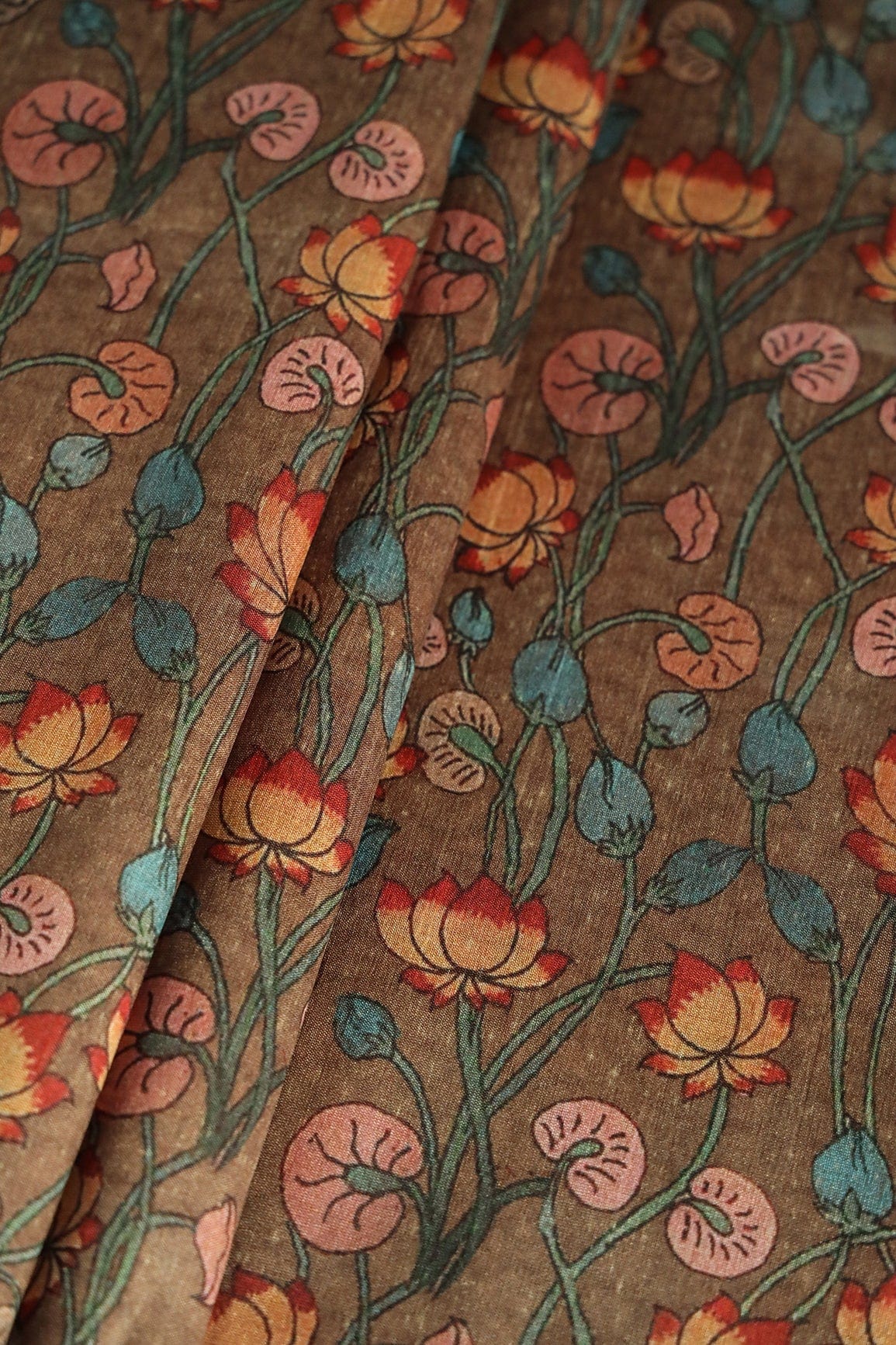 doeraa Prints Brown Floral Pattern Digital Print On Mulberry Silk Fabric