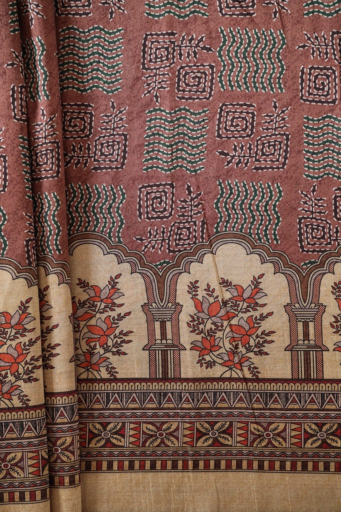 doeraa Prints Brown Geometric Pattern Digital Print On Mulberry Silk Fabric With Border