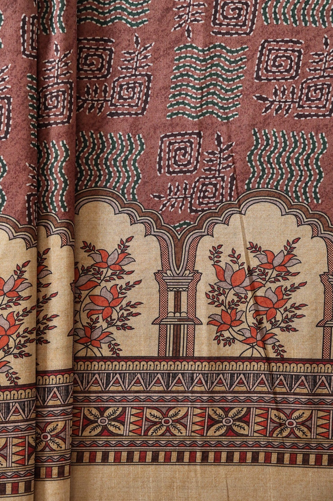 doeraa Prints Brown Geometric Pattern Digital Print On Mulberry Silk Fabric With Border