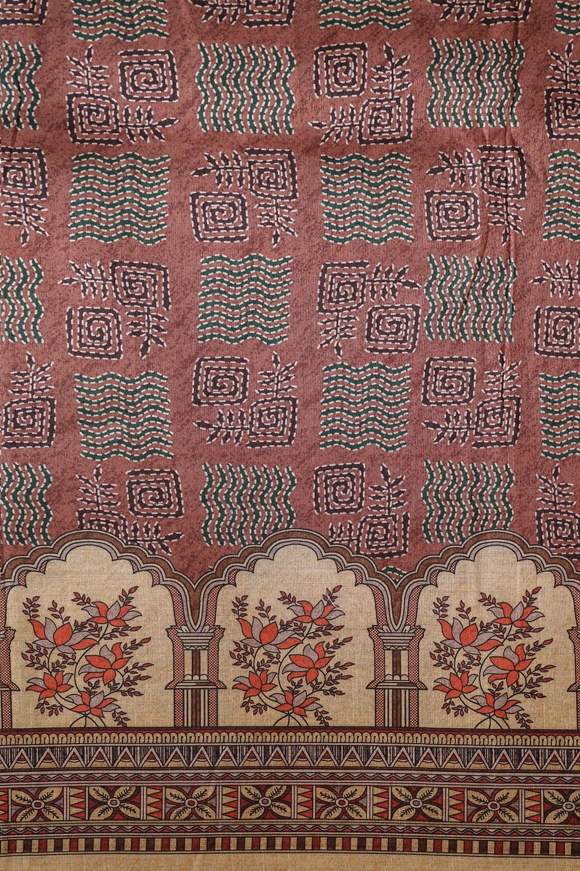 doeraa Prints Brown Geometric Pattern Digital Print On Mulberry Silk Fabric With Border