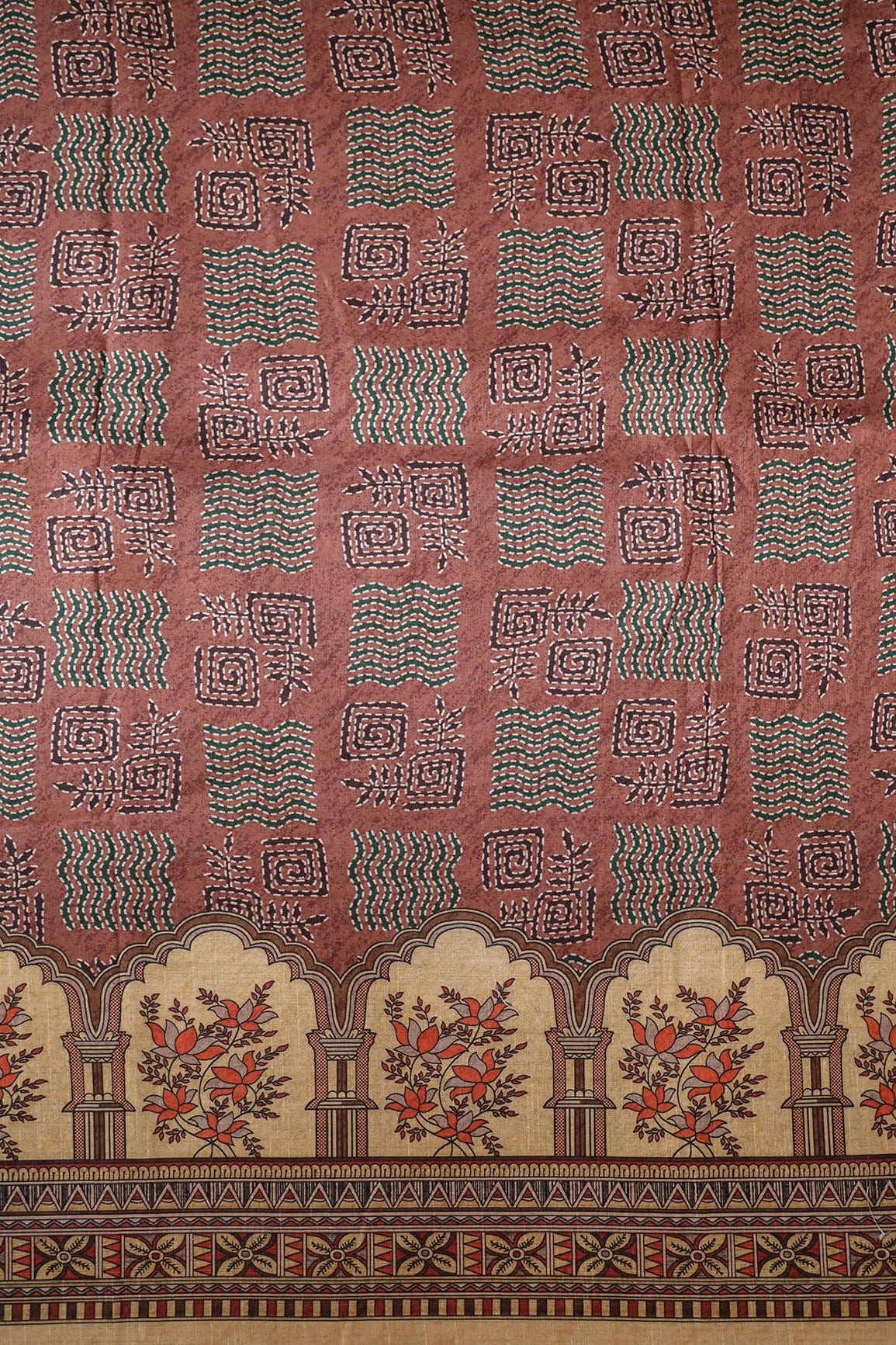 doeraa Prints Brown Geometric Pattern Digital Print On Mulberry Silk Fabric With Border