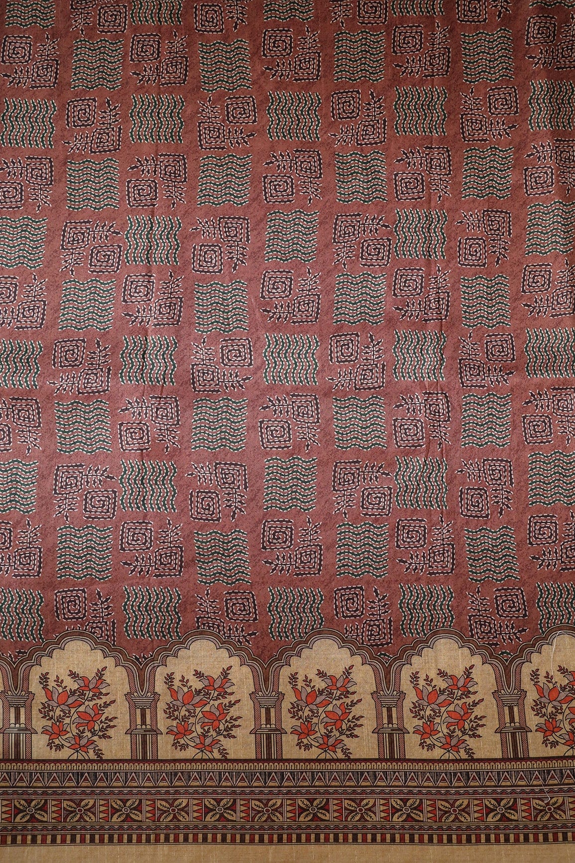 doeraa Prints Brown Geometric Pattern Digital Print On Mulberry Silk Fabric With Border
