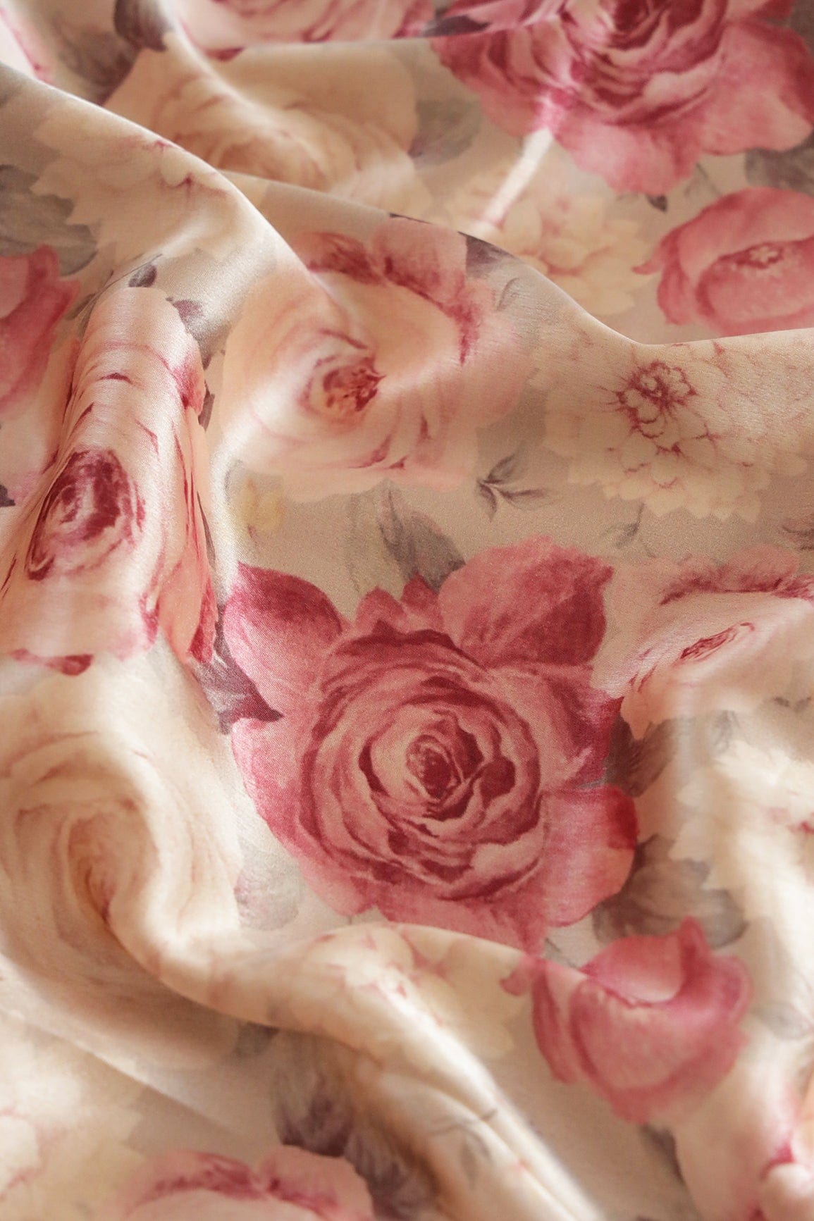 doeraa Prints Burgundy Floral Pattern Digital Print On Cream Satin Fabric