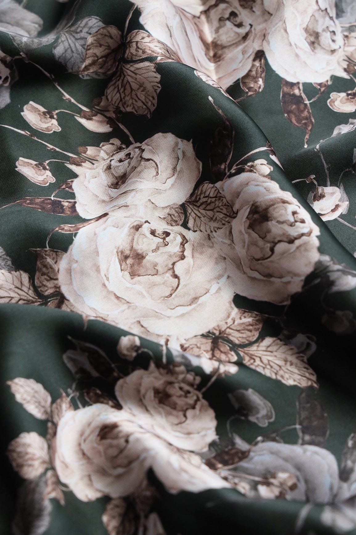 doeraa Prints Cream And Grey Floral Pattern Digital Print On Bottle Green Georgette Satin Fabric