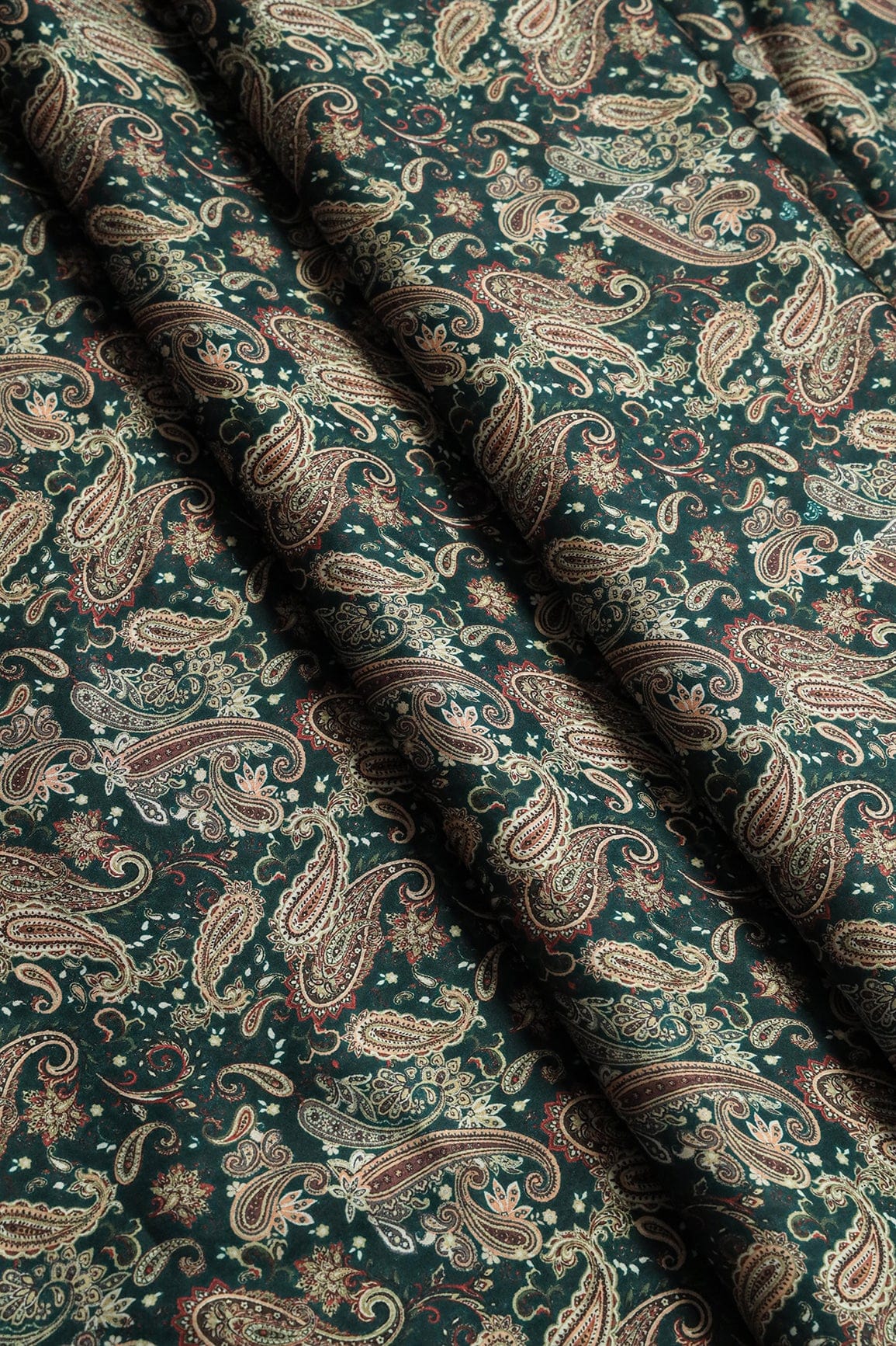 doeraa Prints Cream And Peach Paisley Pattern Digital Print On Forest Green Georgette Satin Fabric