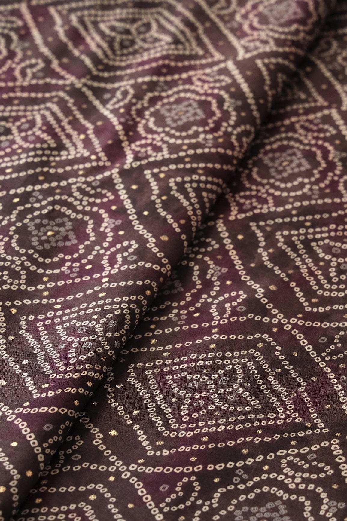 doeraa Prints Dark Brown And Beige Bandhani Pattern With Foil Print On Pure Mul Cotton Fabric