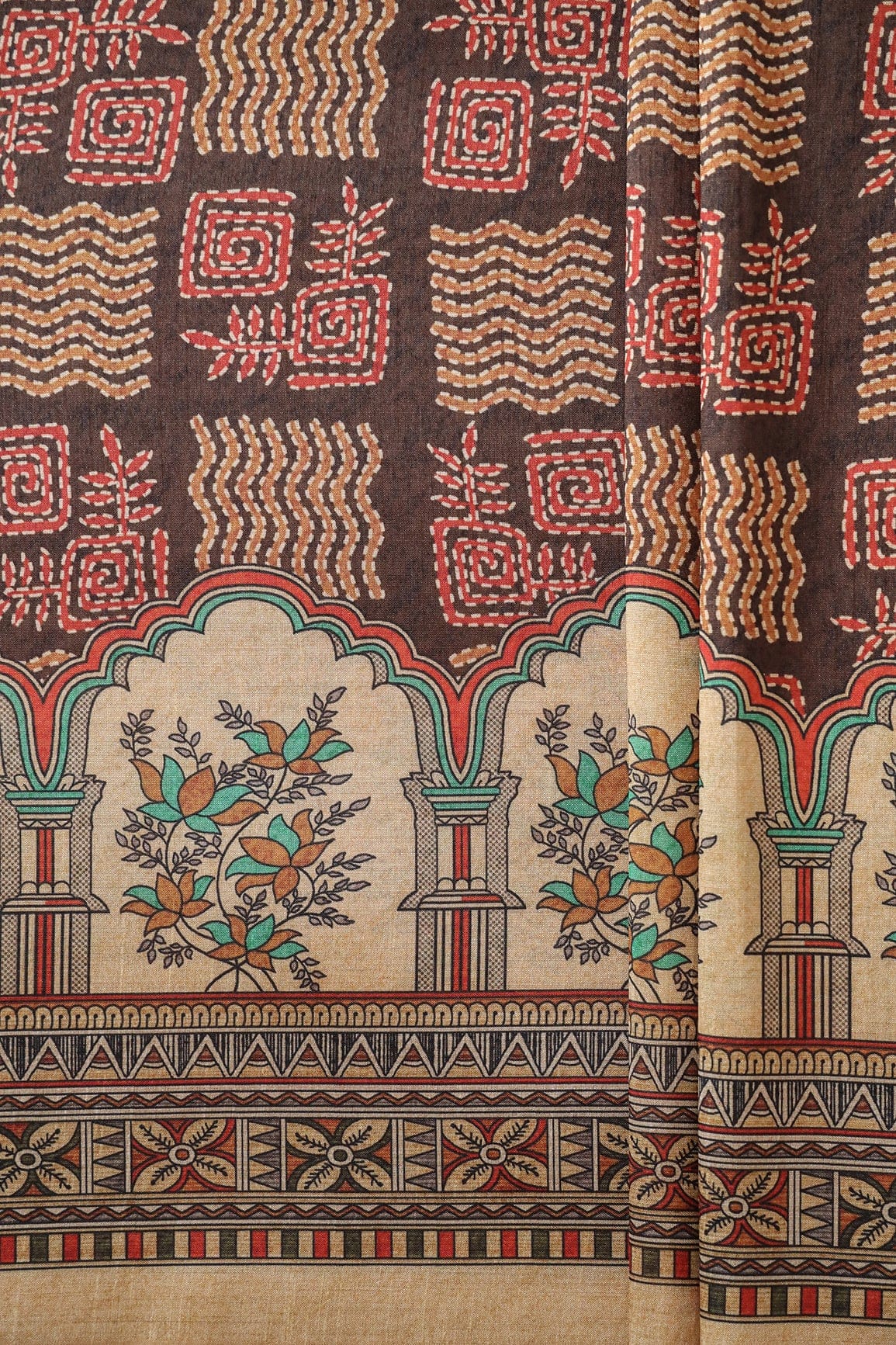 doeraa Prints Dark Brown Geometric Pattern Digital Print On Mulberry Silk Fabric With Border