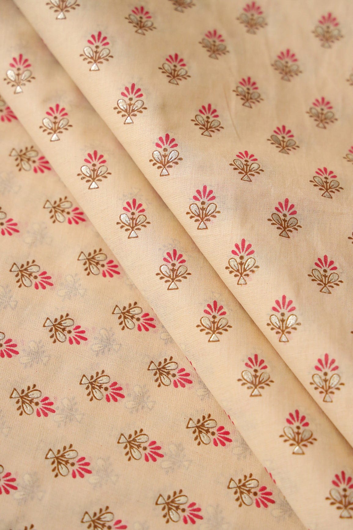 doeraa Prints Dark Pink And Brown Small Floral Booti Foil Print On Beige Organic Cotton Fabric